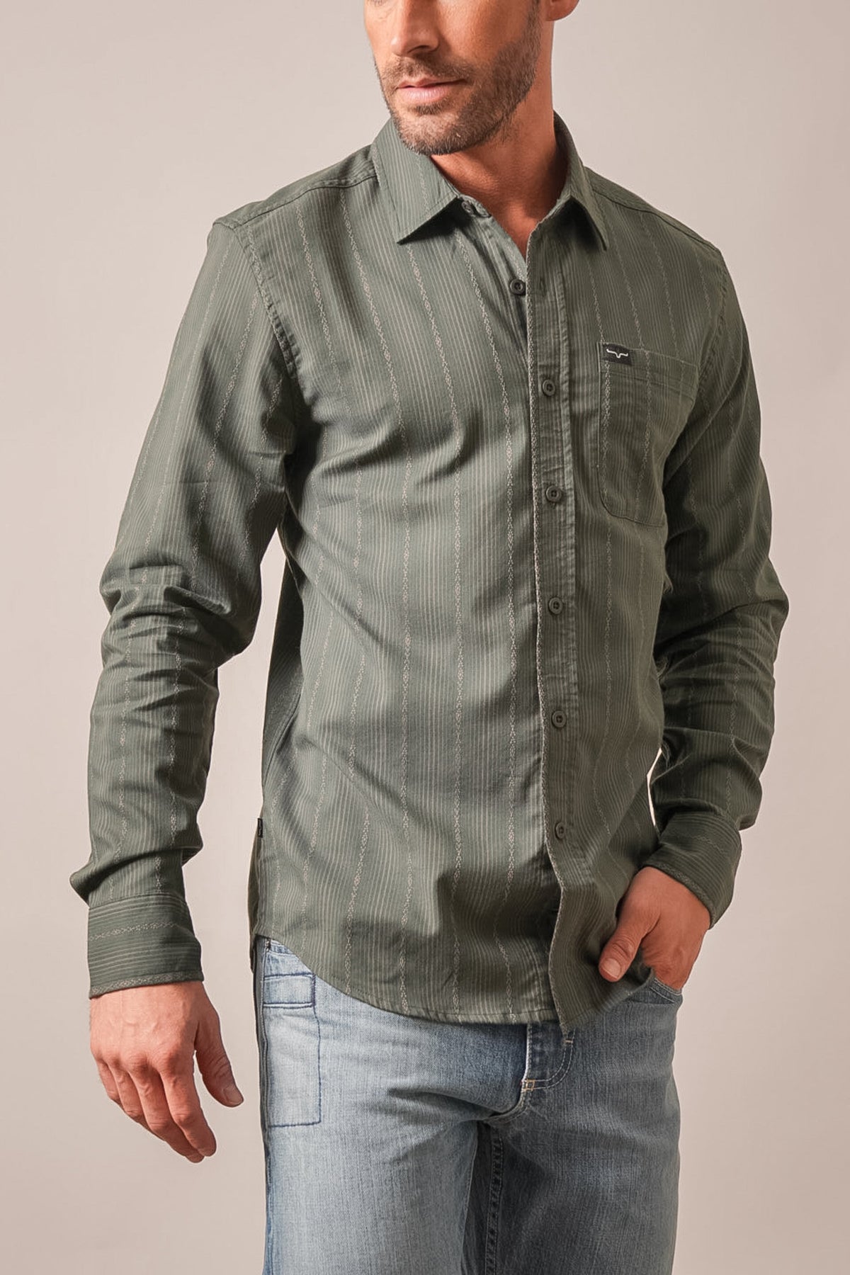 Kimes Ranch Hanover long sleeve button-up dress shirt in Forest with pinstripes and chest pocket