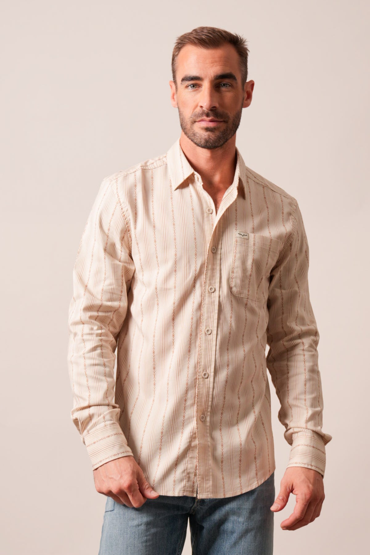 Kimes Ranch Hanover long sleeve button-up dress shirt in natural, with vertical stripes and front chest pocket