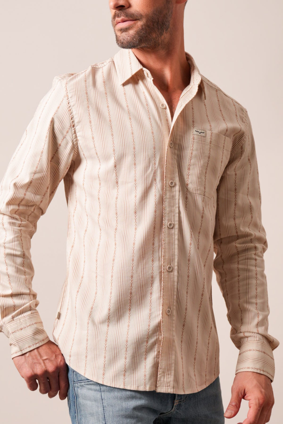 Kimes Ranch Hanover dress shirt in Natural, long sleeve, striped pattern, button front, single chest pocket, logo patch