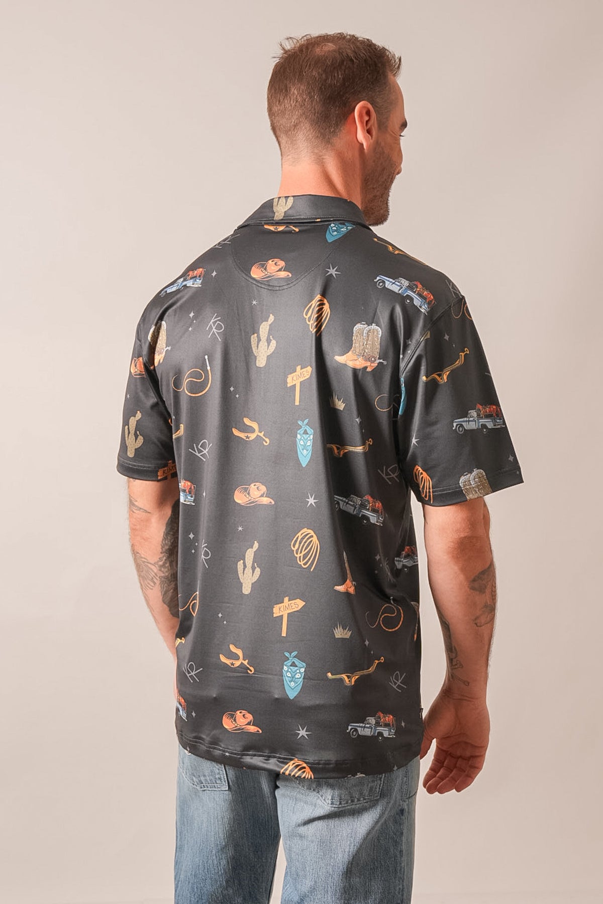 Kimes Ranch Hickman polo black back view print cacti trucks hats