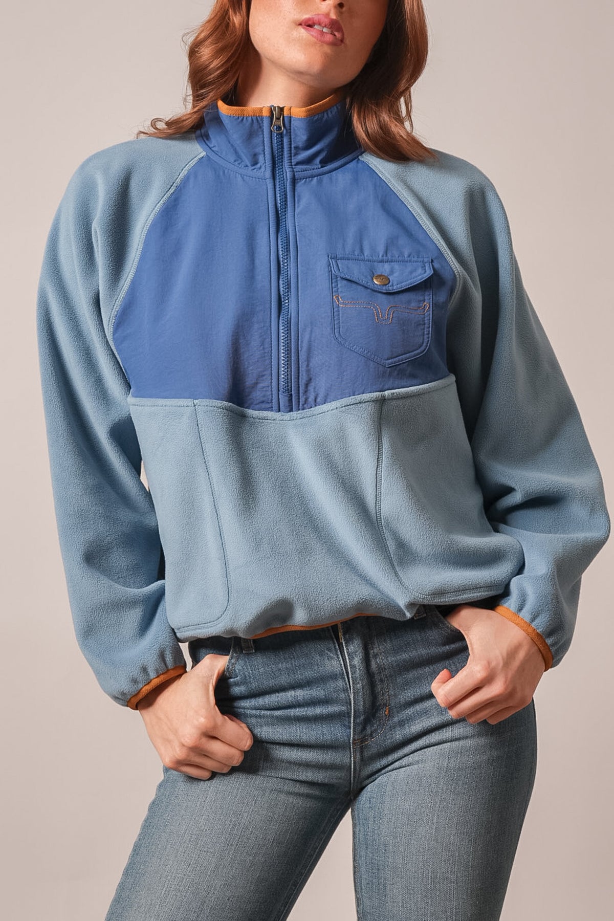 Kimes Ranch Indie blue sweatshirt, colorblocked with navy chest panel and chest pocket