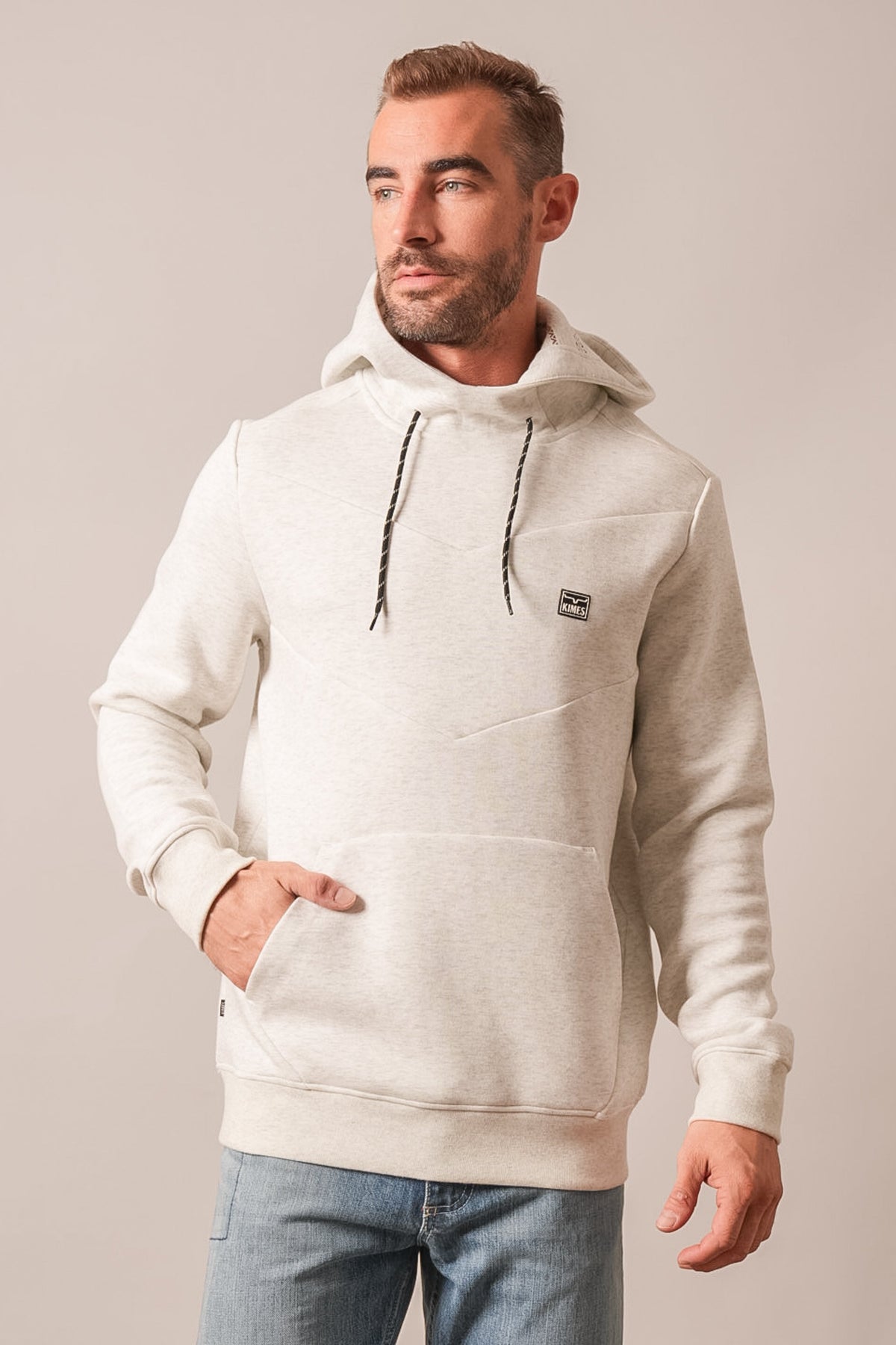 Kimes Ranch Inman natural heather men's long-sleeve hoodie with kangaroo pocket and Kimes Ranch logo patch