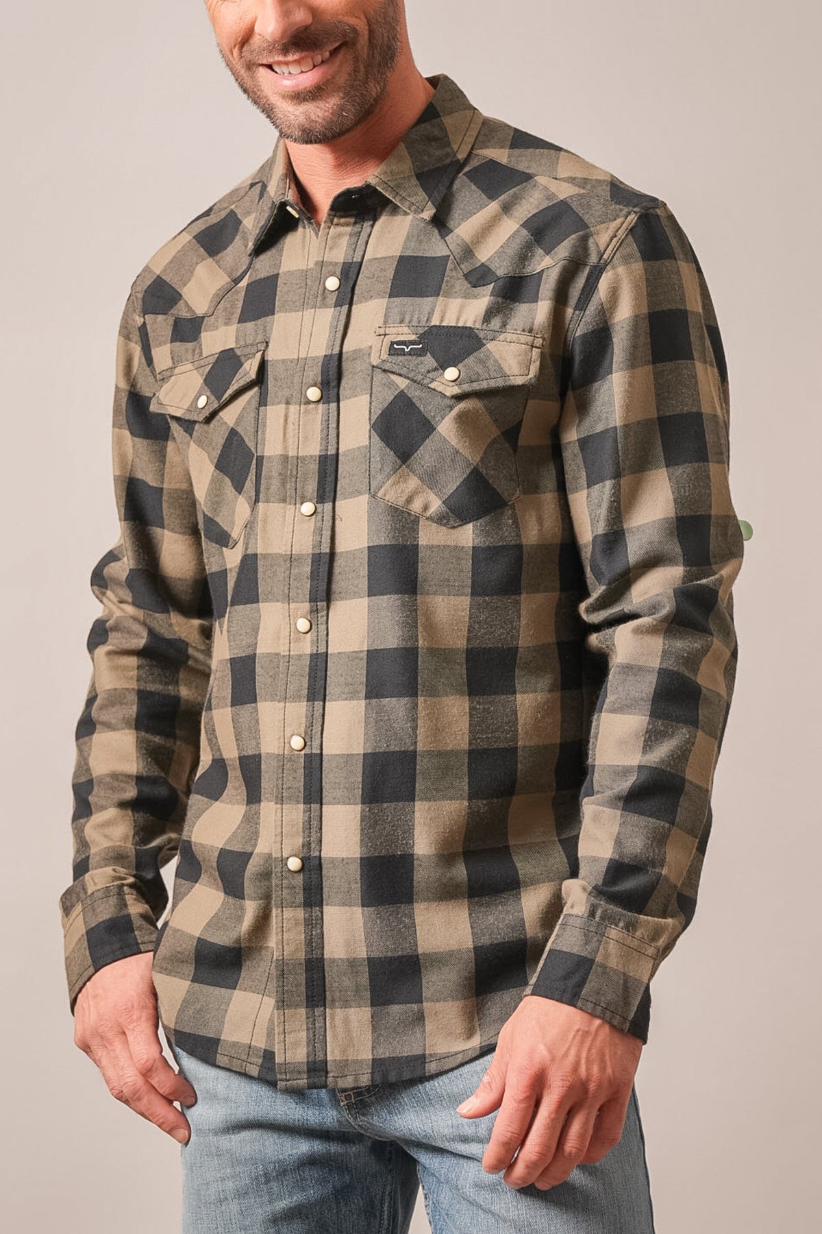 Kimes Ranch Jonez dress shirt in Army Green plaid, long sleeves, button closure, chest pockets, and logo patch on left pocket