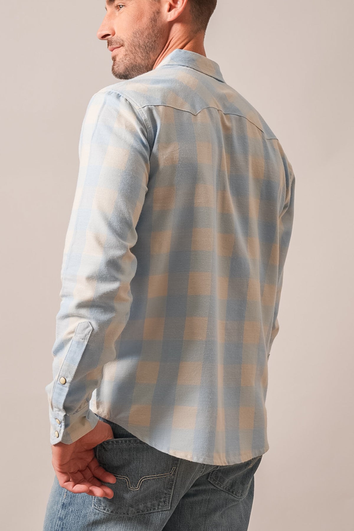 Kimes Ranch Jonez dress shirt, mid blue, long sleeve, back view with button cuff, yoke, plaid