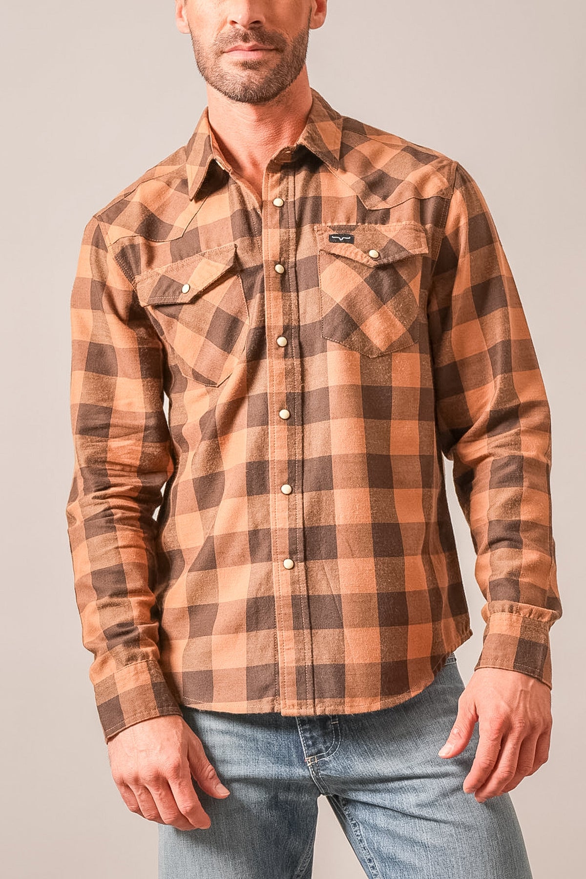 Kimes Ranch Jonez Work Wear Brown long sleeve plaid button-up dress shirt with chest pockets