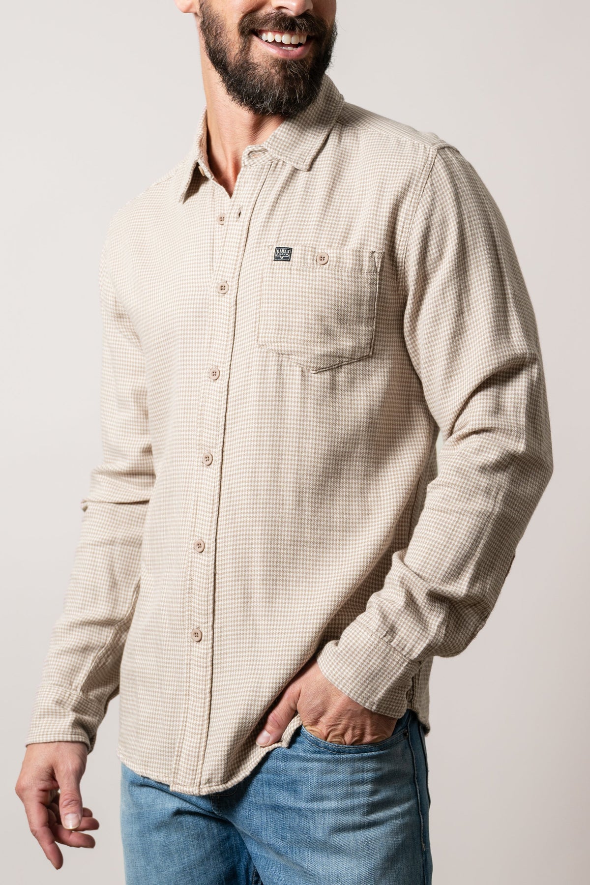 Kimes Ranch Kelso men's long sleeve button-down dress shirt in natural houndstooth pattern