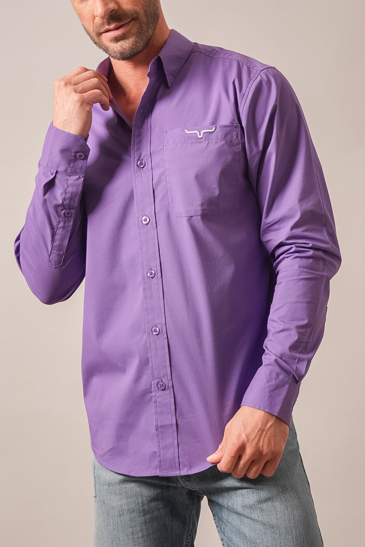 Kimes Ranch KR Team Shirt in purple with a collar, long sleeves, and the Kimes Ranch logo embroidered on the chest pocket