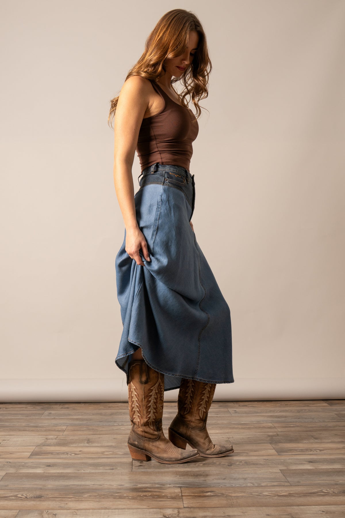 Kimes Ranch Ladonna skirt in indigo with high waist and curved hem