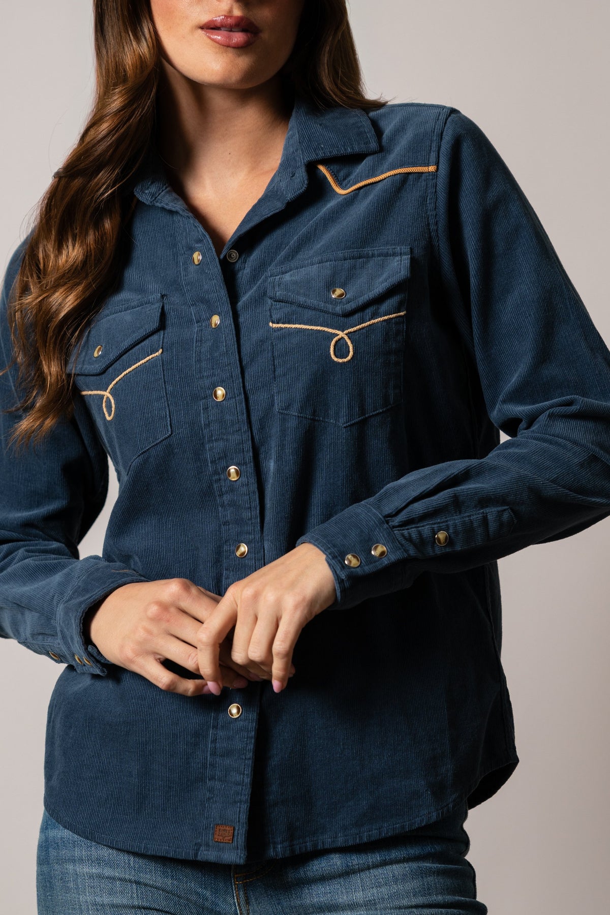 Kimes Ranch Lehi Top, dark blue long sleeve corduroy shirt with yoke and pocket topstitching