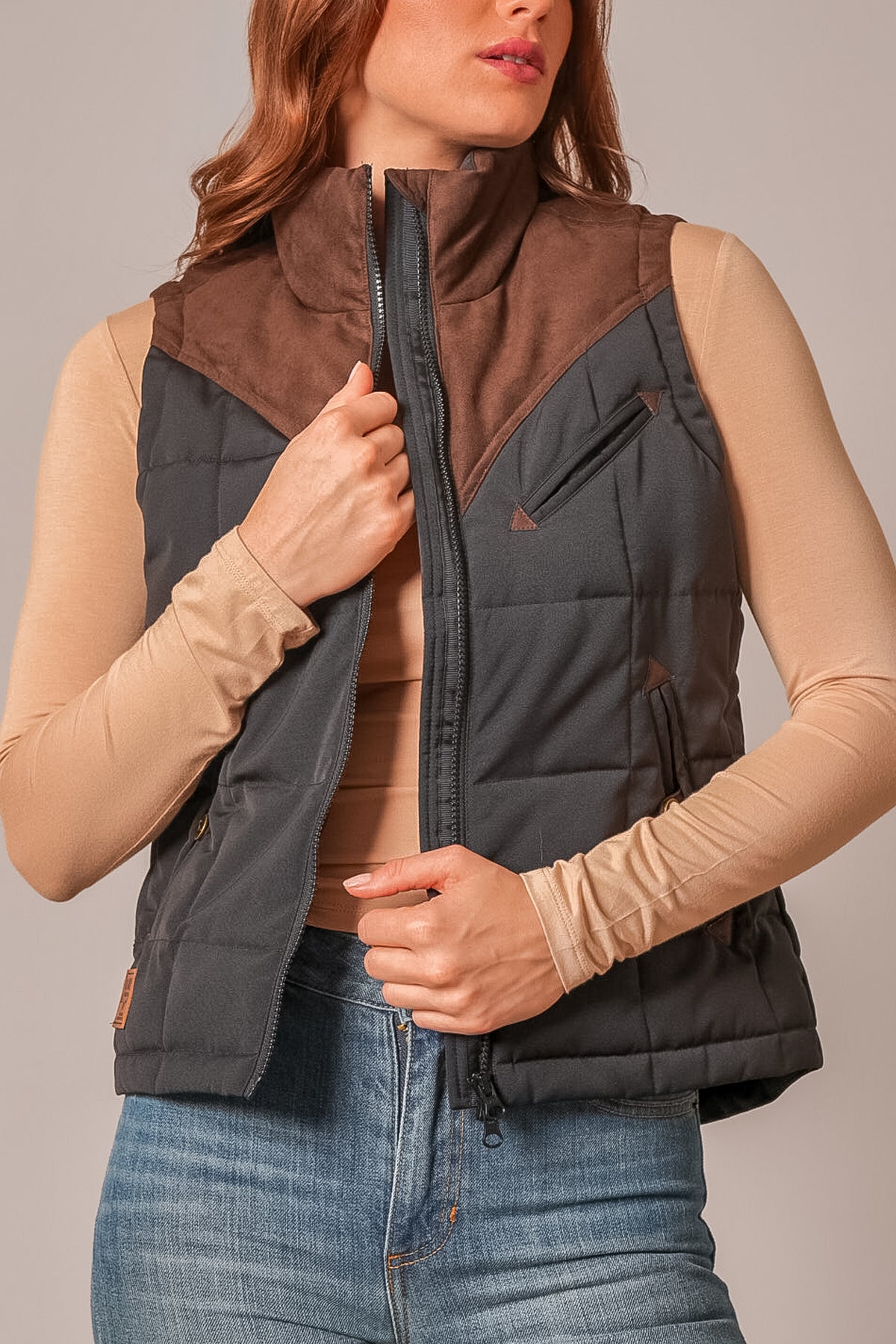 Kimes Ranch Lenora black vest with quilted body and brown collar