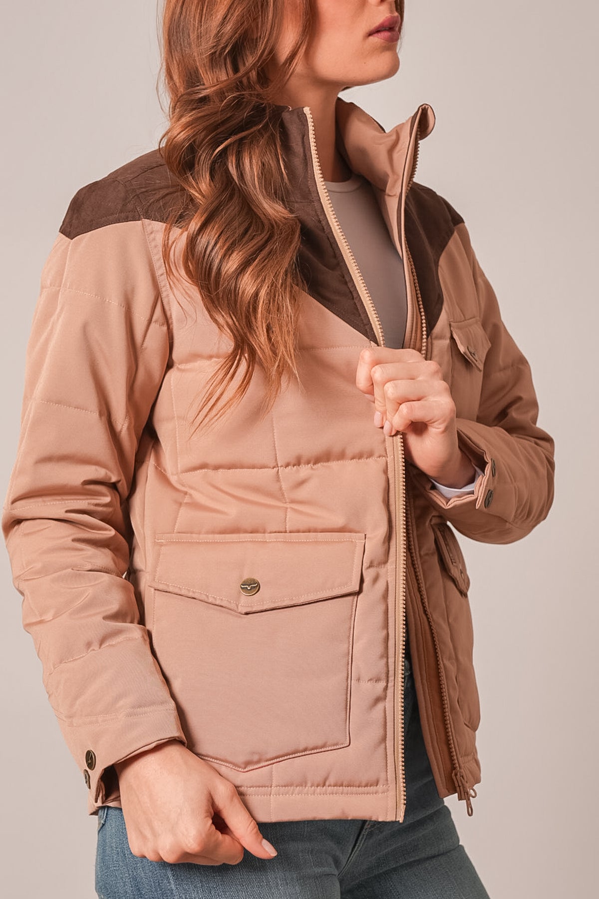 Kimes Ranch Lenora jacket, coffee, with long sleeves, snap pocket, and brown suede yoke