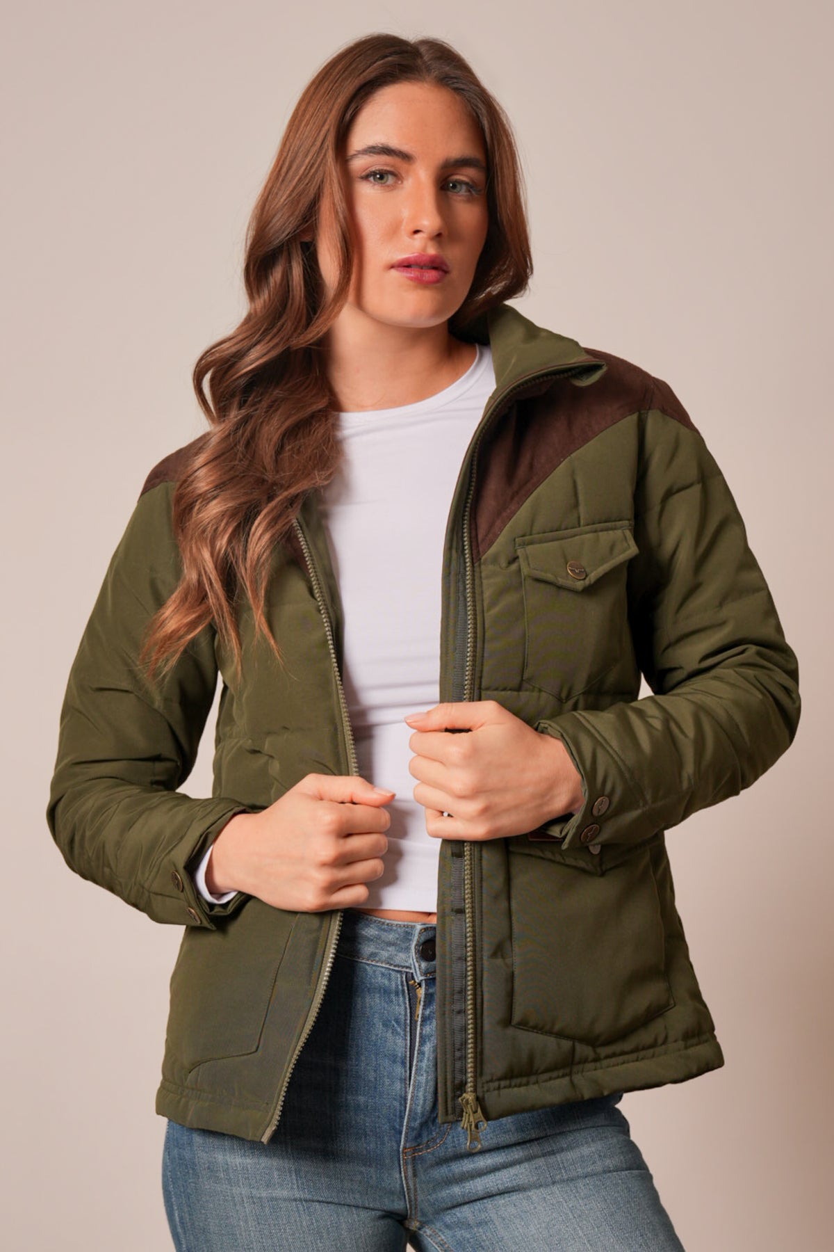 Kimes Ranch Lenora dark olive quilted jacket with brown suede yoke, front zipper, flap pocket and button cuffs