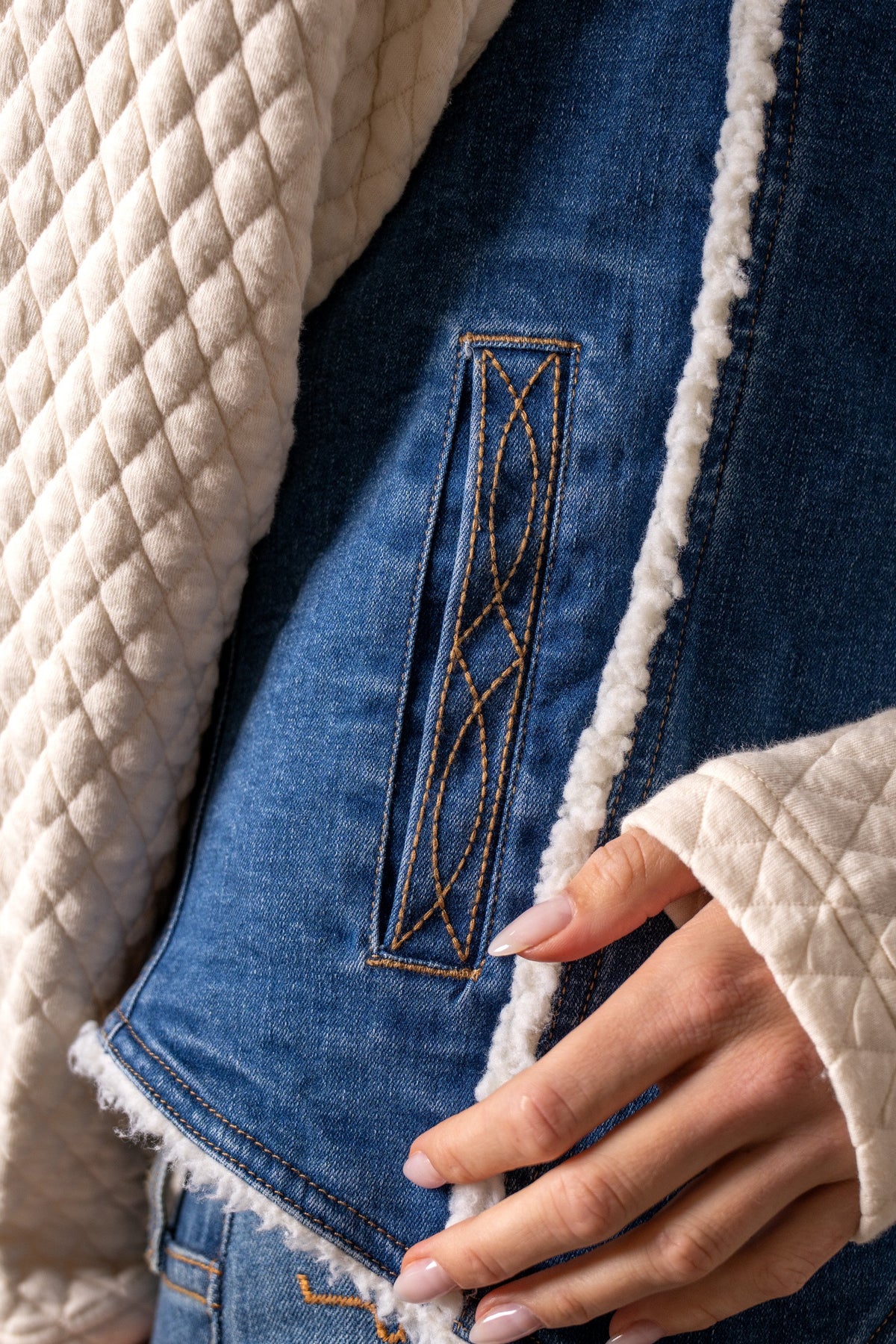 Kimes Ranch Loni dark wash vest detail with decorative stitching and white sherpa trim