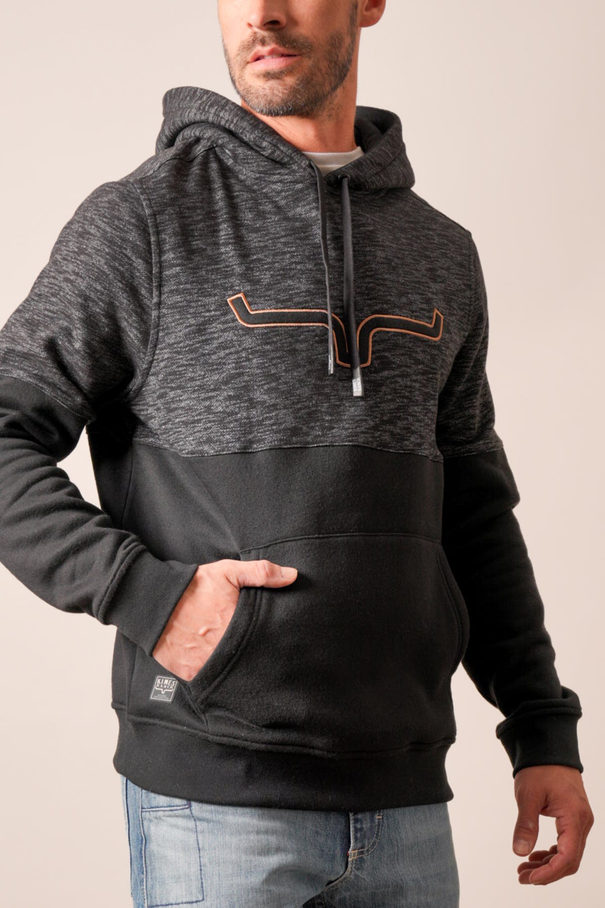 Kimes Ranch Mallard hoodie, charcoal heather chest panel with longhorn logo, black lower body and sleeves, kangaroo pocket
