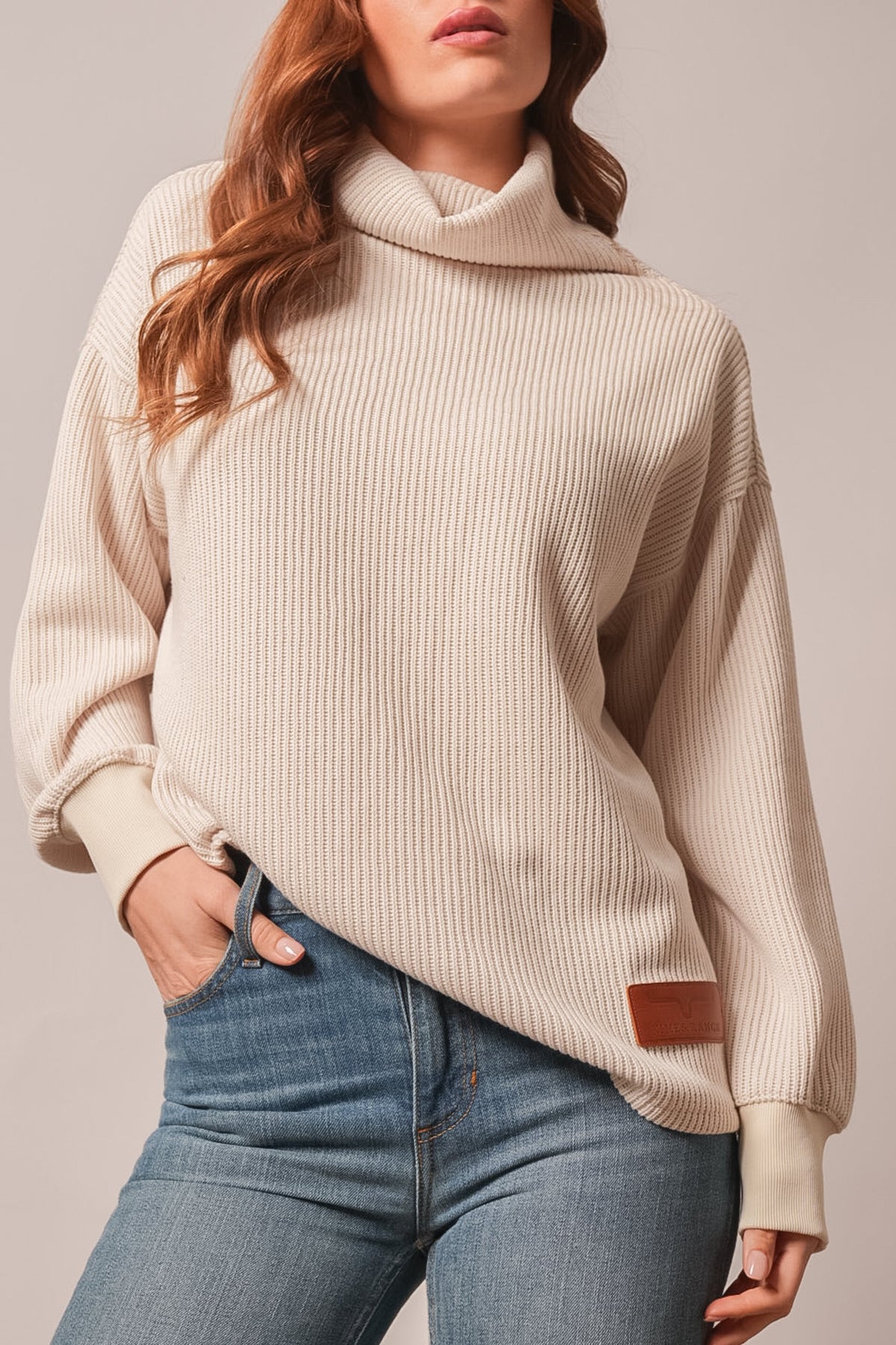 Kimes Ranch Maren sweatshirt in natural with ribbed texture, cowl neck, long sleeves, and Kimes Ranch logo patch