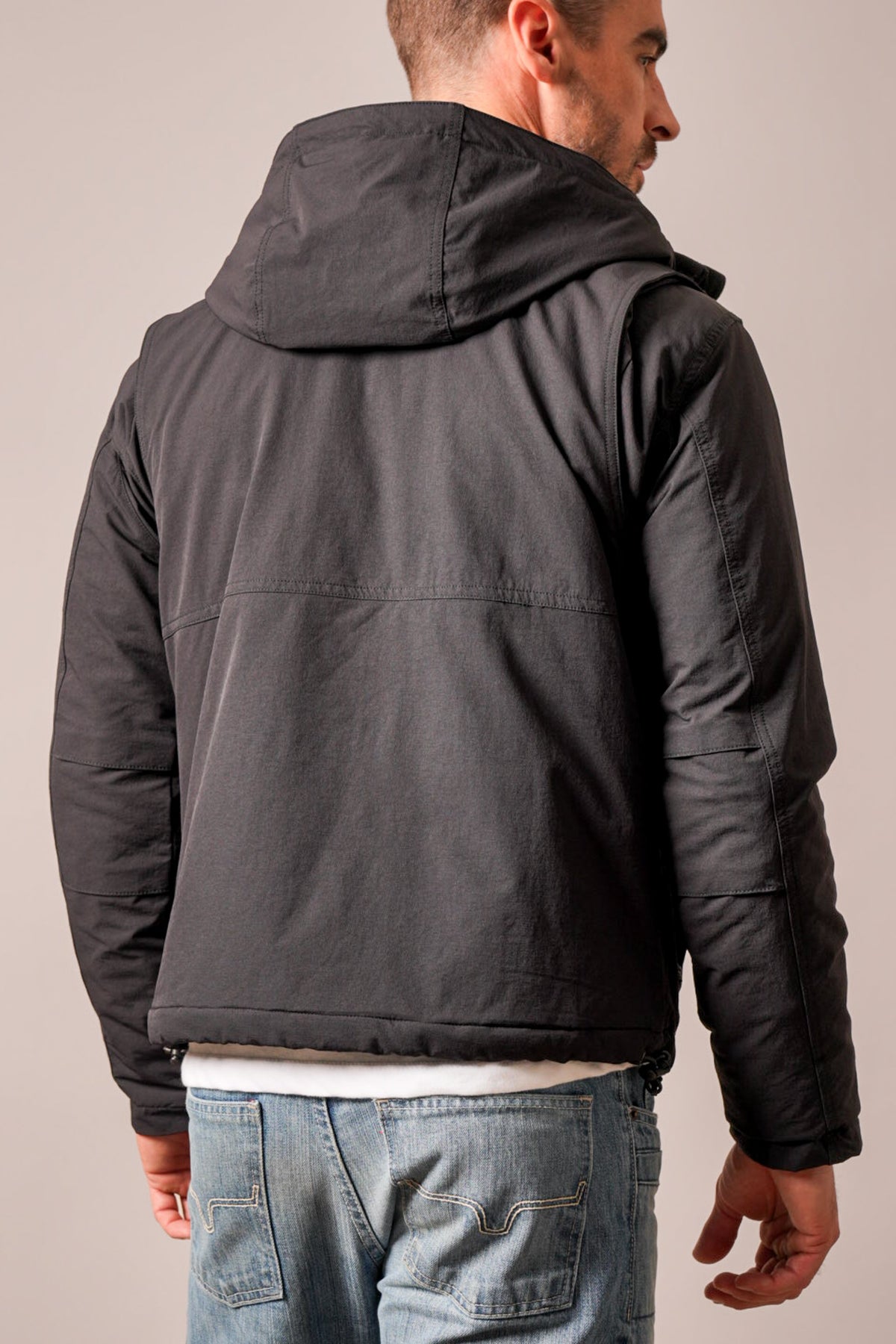 Kimes Ranch Mayfair Jacket in Black, back view, showing hood and long sleeves