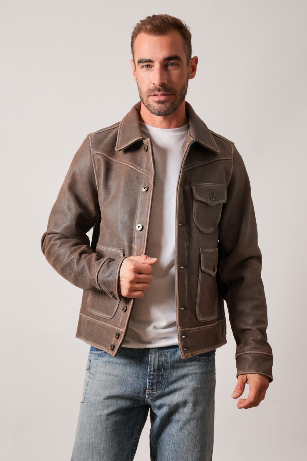 Kimes Ranch Oakmont jacket in brown with a collar, long sleeves, snap front, and flap pockets