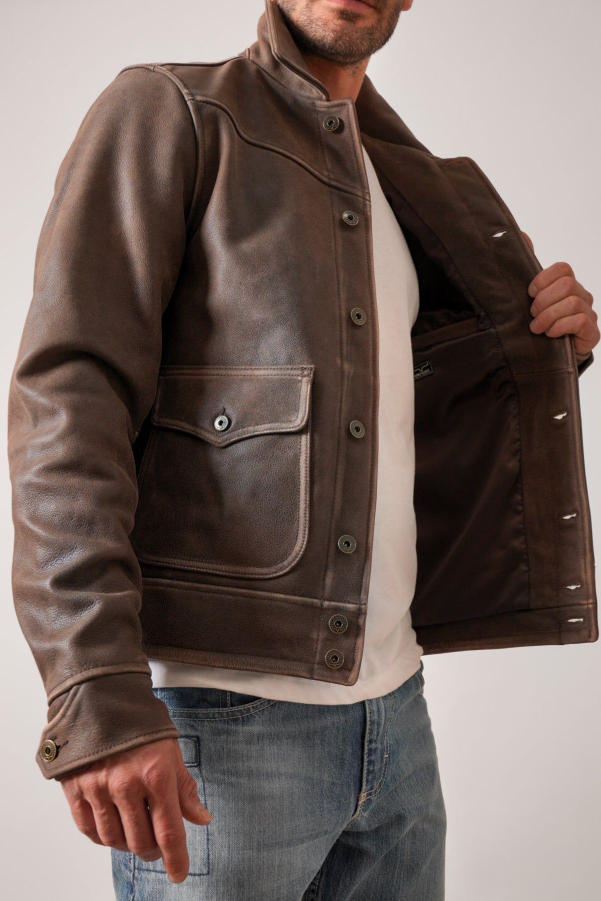 Kimes Ranch Oakmont brown jacket with snap button front and flap pocket