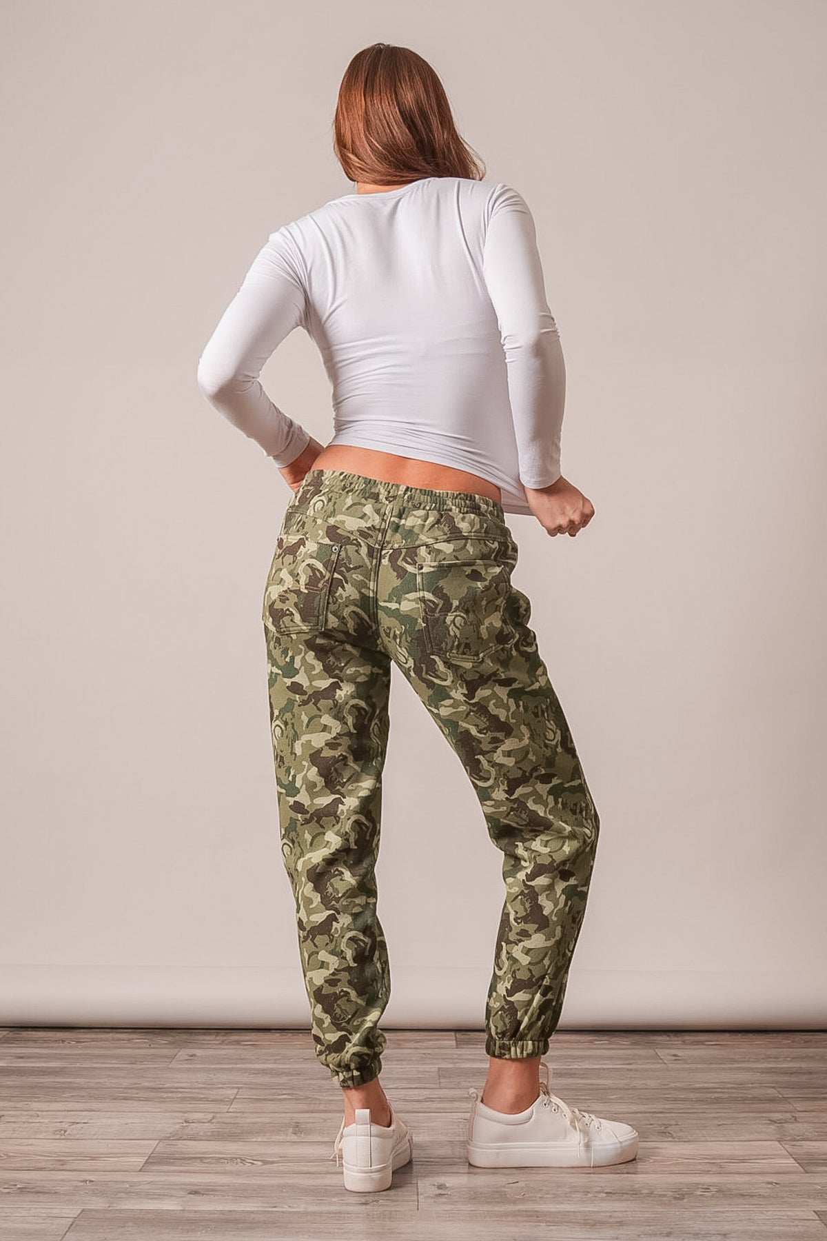 Kimes Ranch Page Camo pants, women's joggers, elastic waist, camo print, rear view, two back pockets