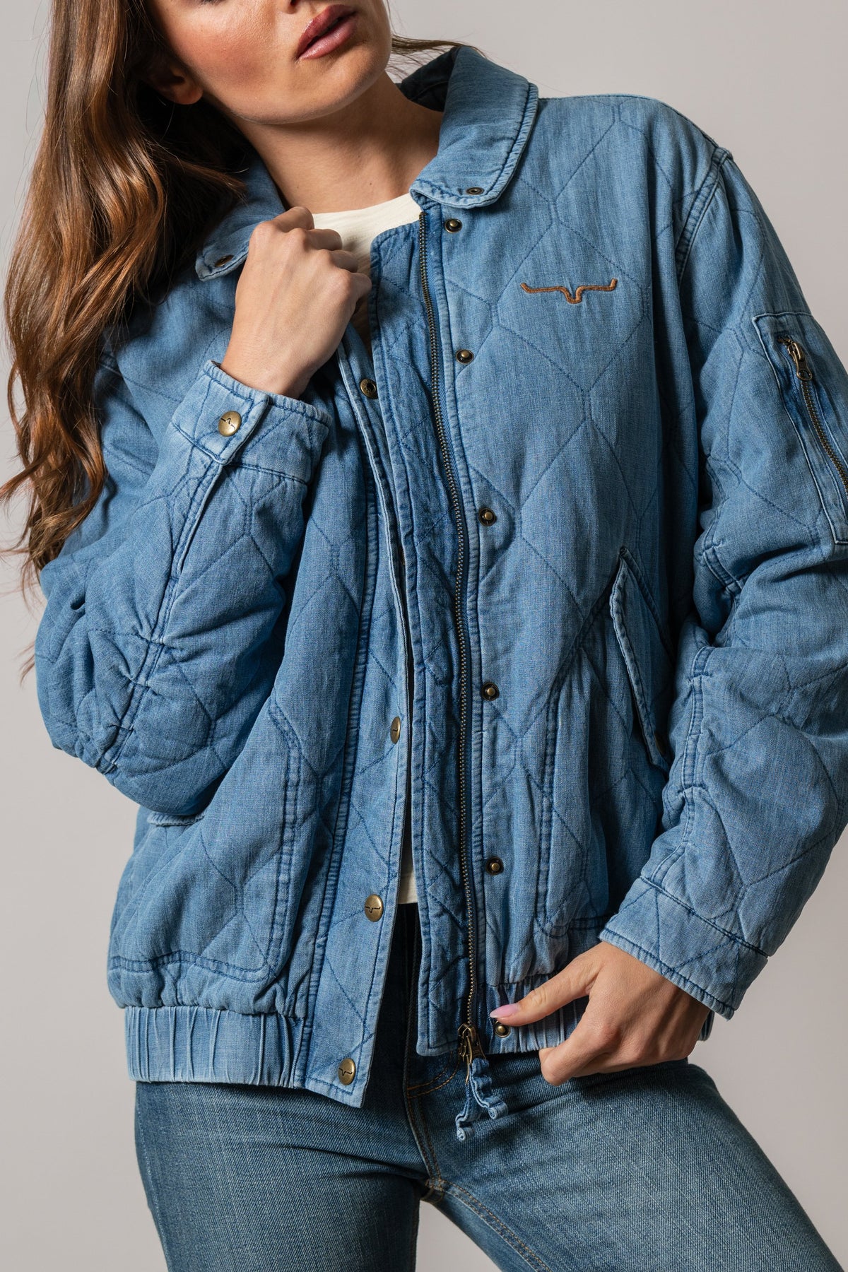 Kimes Ranch Phoeby jacket, indigo, quilted diamond pattern, zip front, snap closures, collar, chest logo, zip sleeve pocket