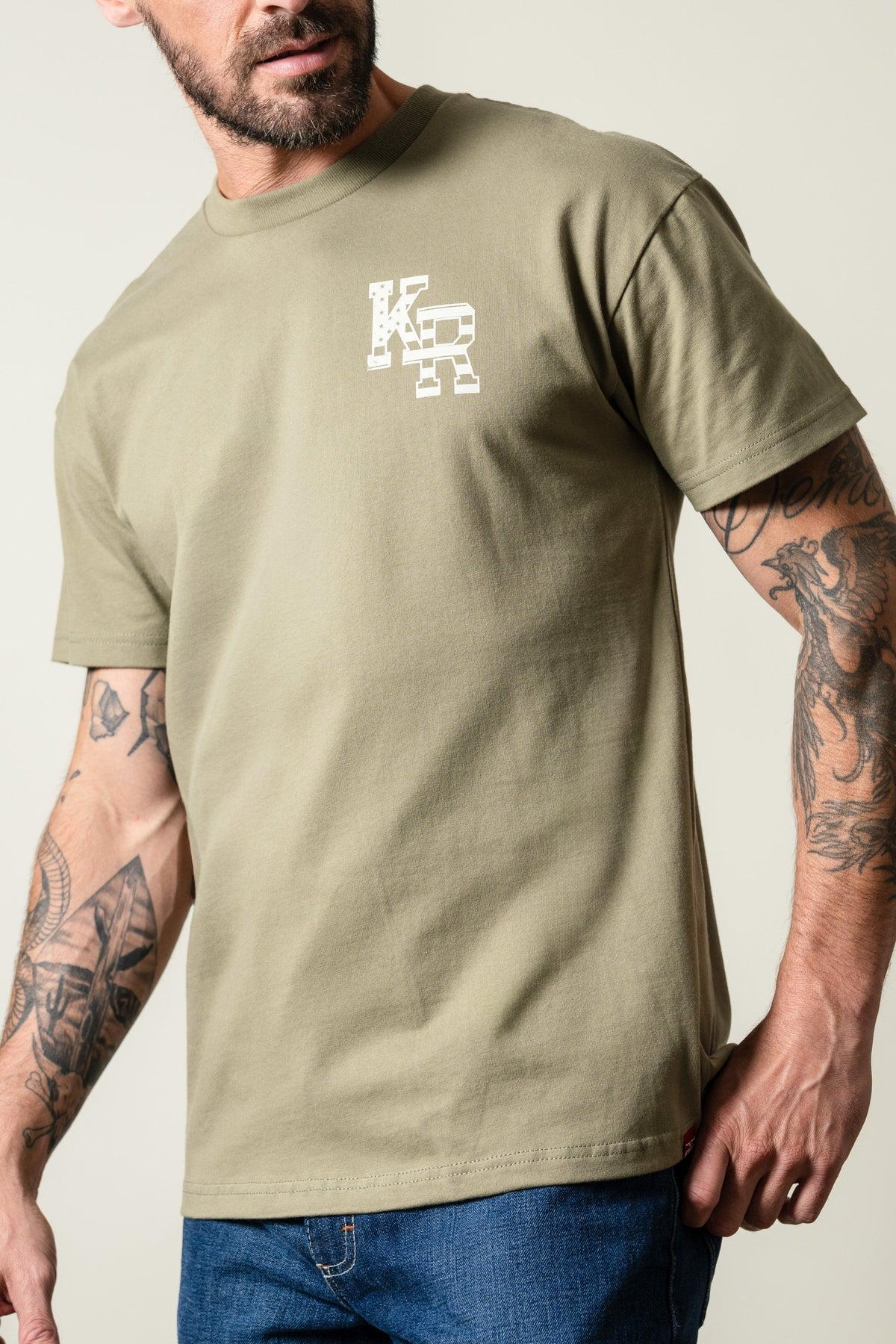 Kimes Ranch Red Glare shirt in Light Olive with white Kimes Ranch logo at front; #color_light olive