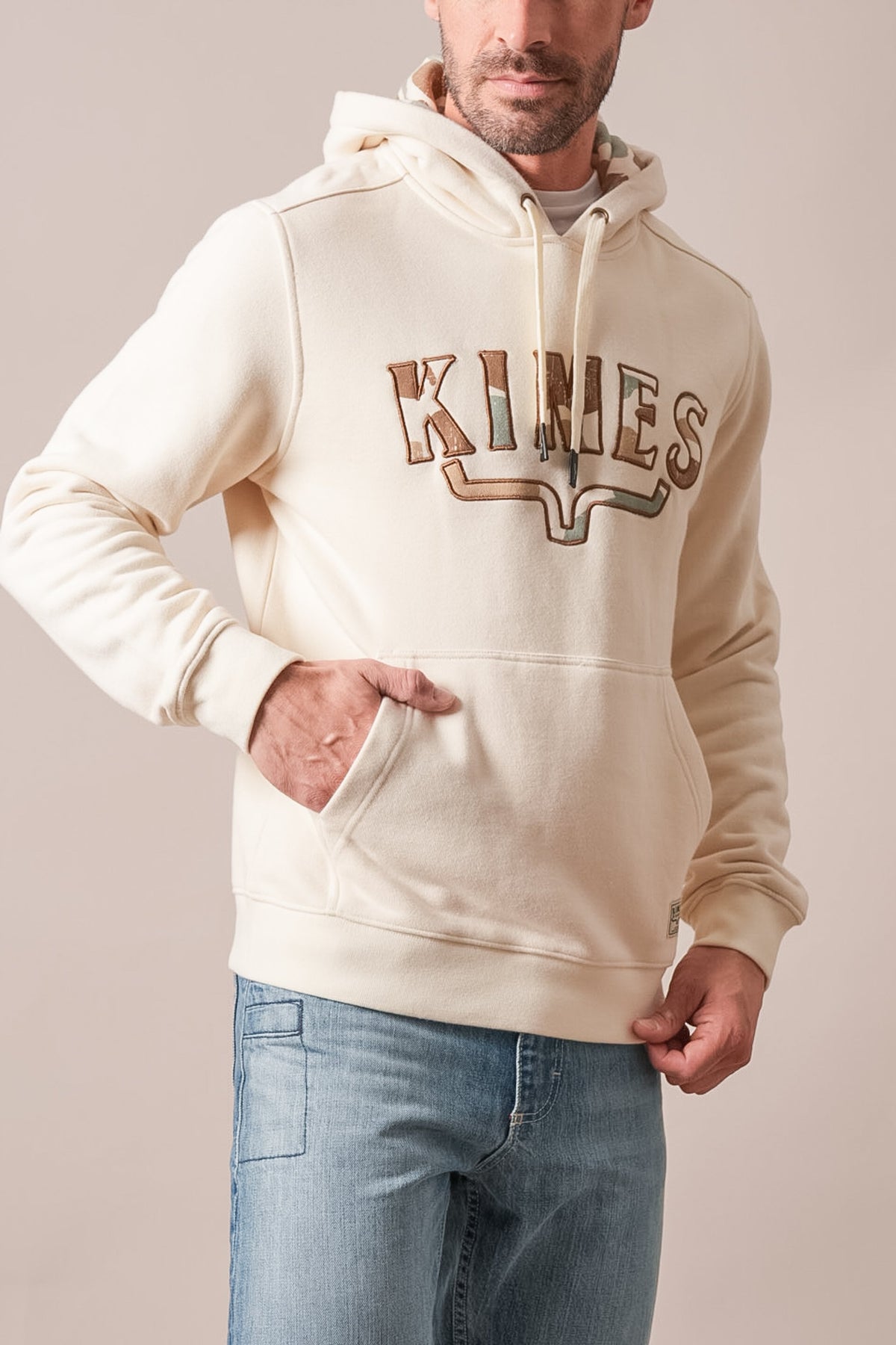 Kimes Ranch Riddle hoodie in natural colour with front kangaroo pocket and KIMES graphic print