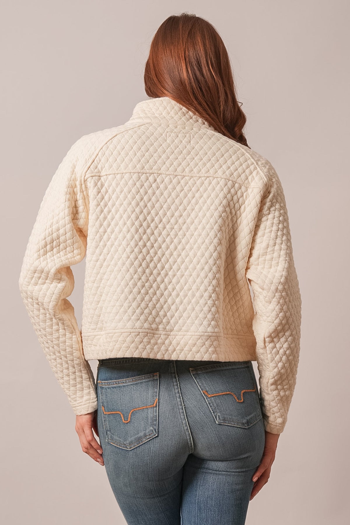 Kimes Ranch Rita quilted long-sleeve crewneck sweatshirt in natural with diamond stitching and contrast yoke seam at back