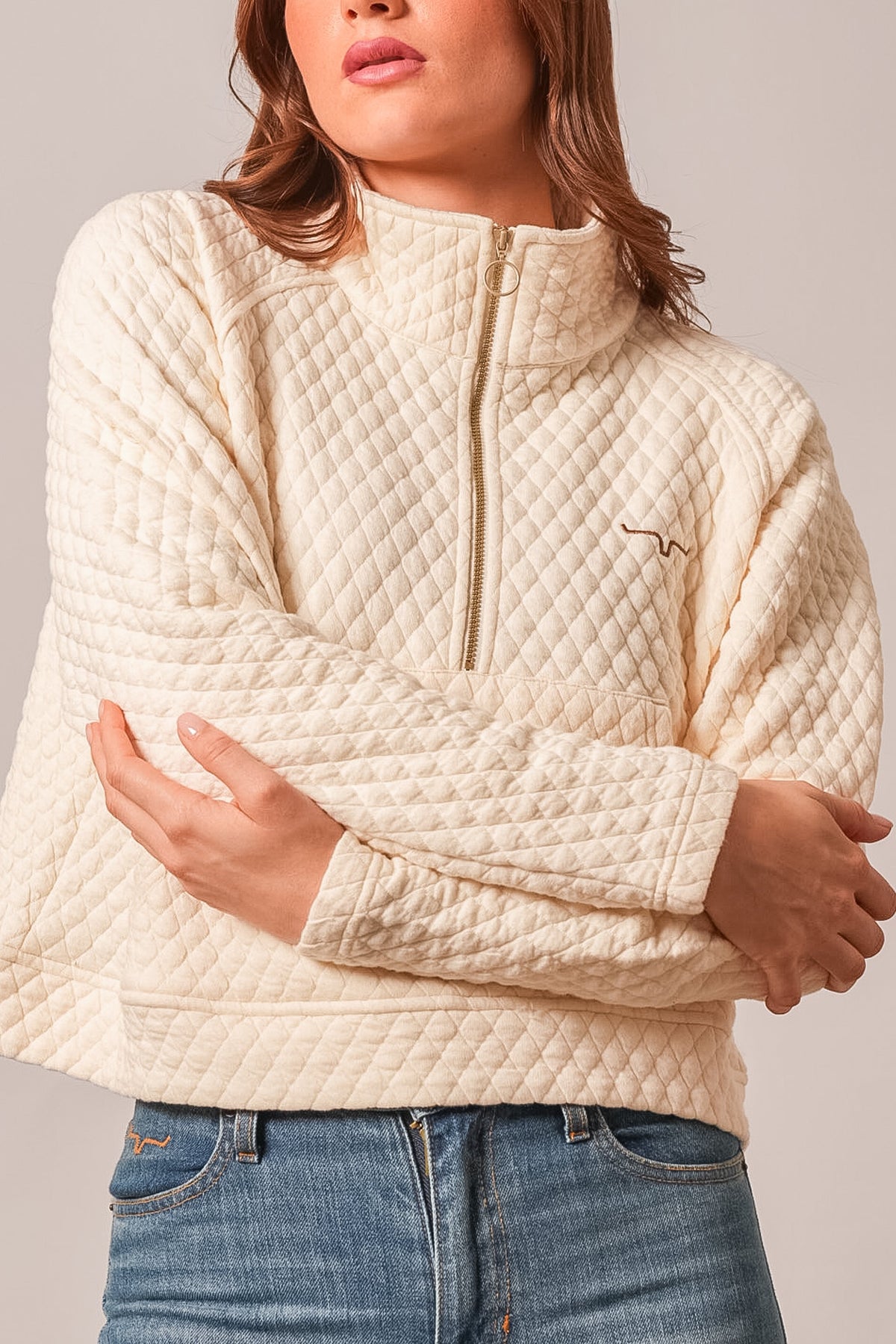 Kimes Ranch Rita quilted sweatshirt in Natural with a half-zip front, long sleeves, and Kimes Ranch logo