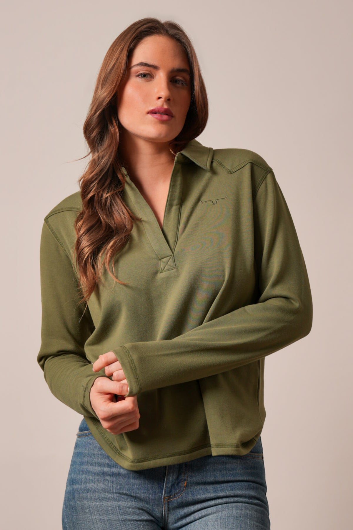 Kimes Ranch Riva moss long-sleeve sweatshirt with Kimes Ranch logo, front view