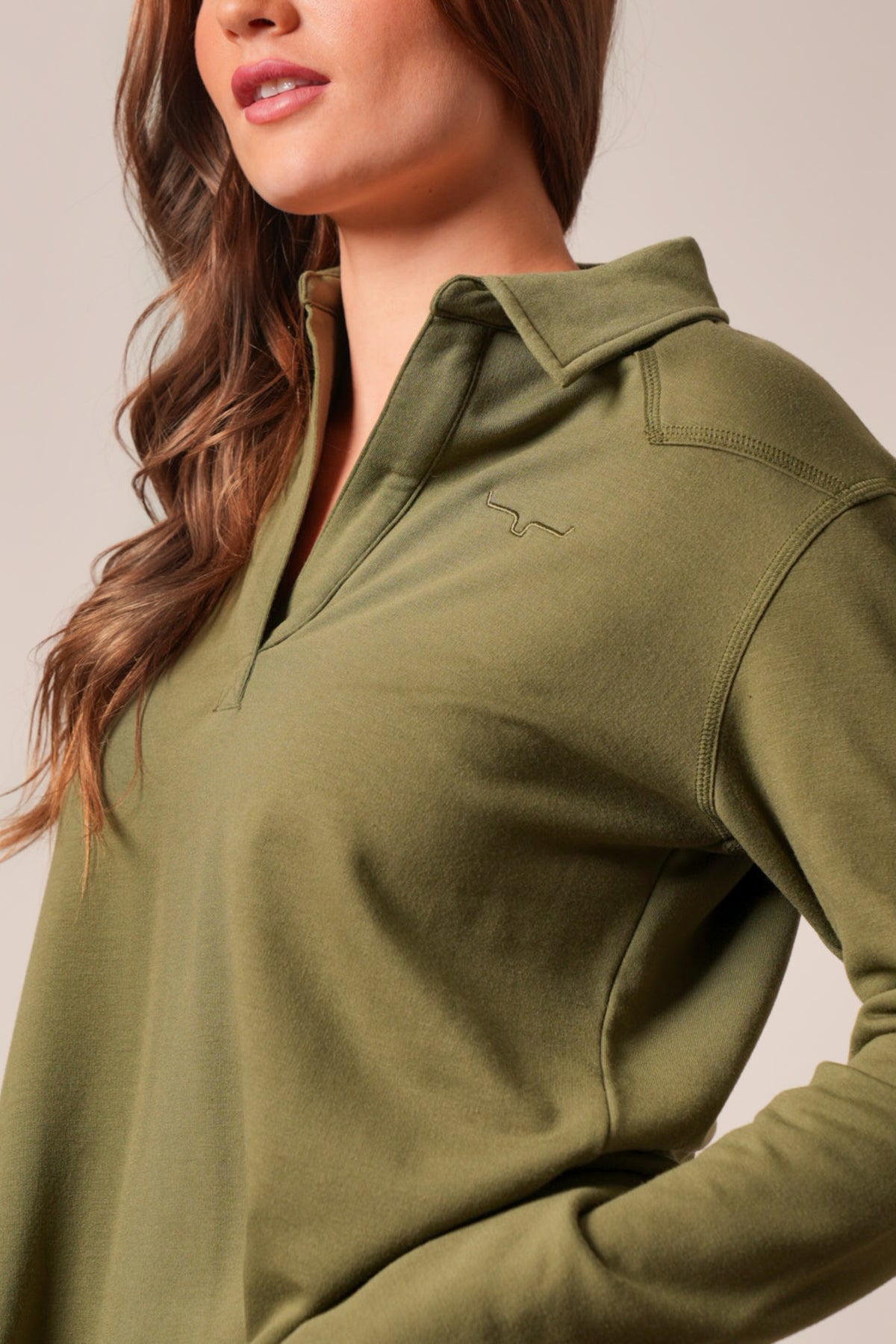 Kimes Ranch Riva sweatshirt, Moss, long sleeve knit polo with collar and Kimes Ranch logo