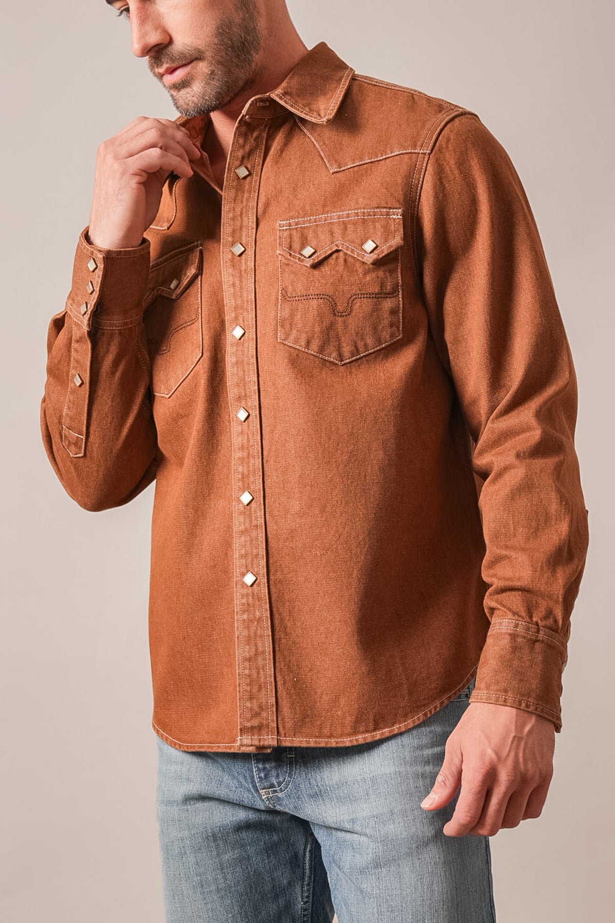 Kimes Ranch Roscoe Brown long sleeve western jacket with snap buttons, chest pockets, and contrast stitching