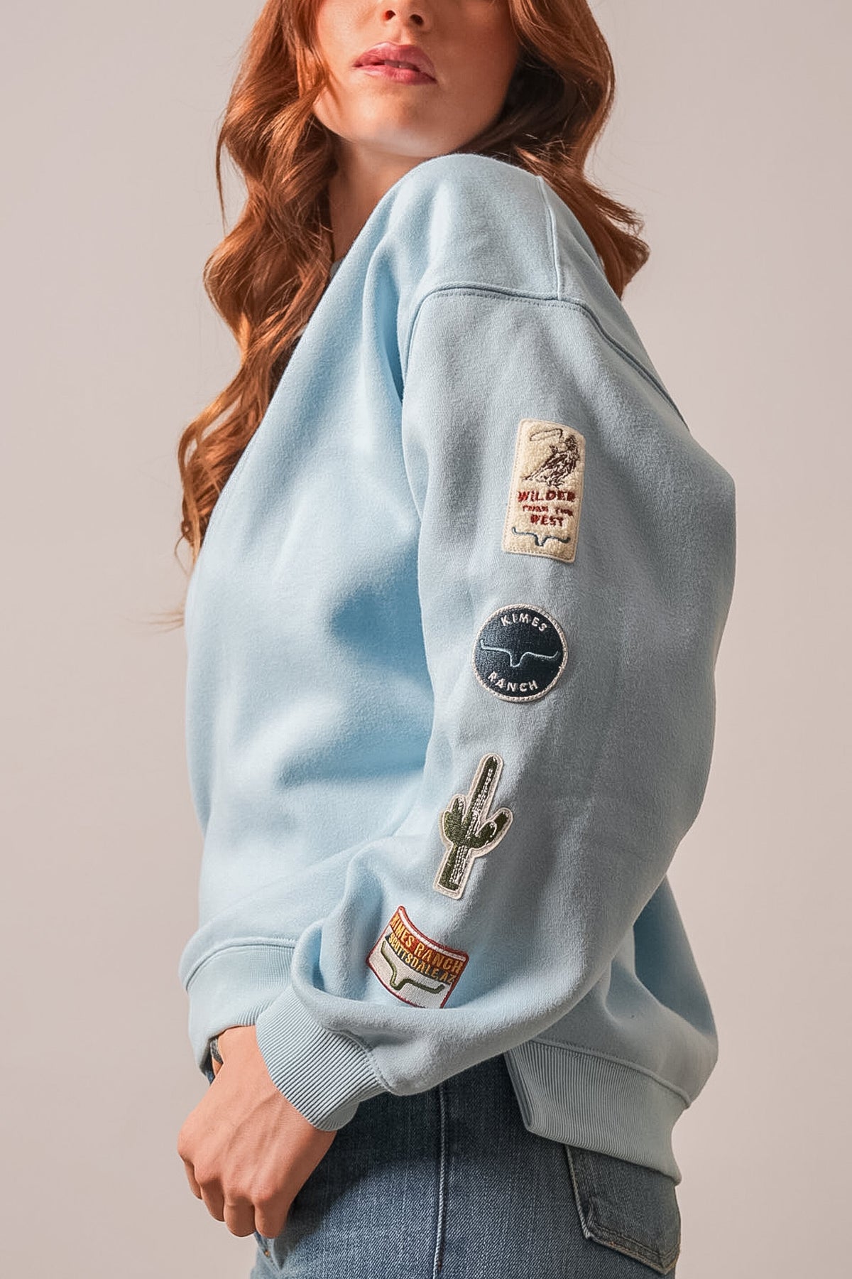 Kimes Ranch Saguaro Patch sweatshirt in Faded Denim with four embroidered sleeve patches
