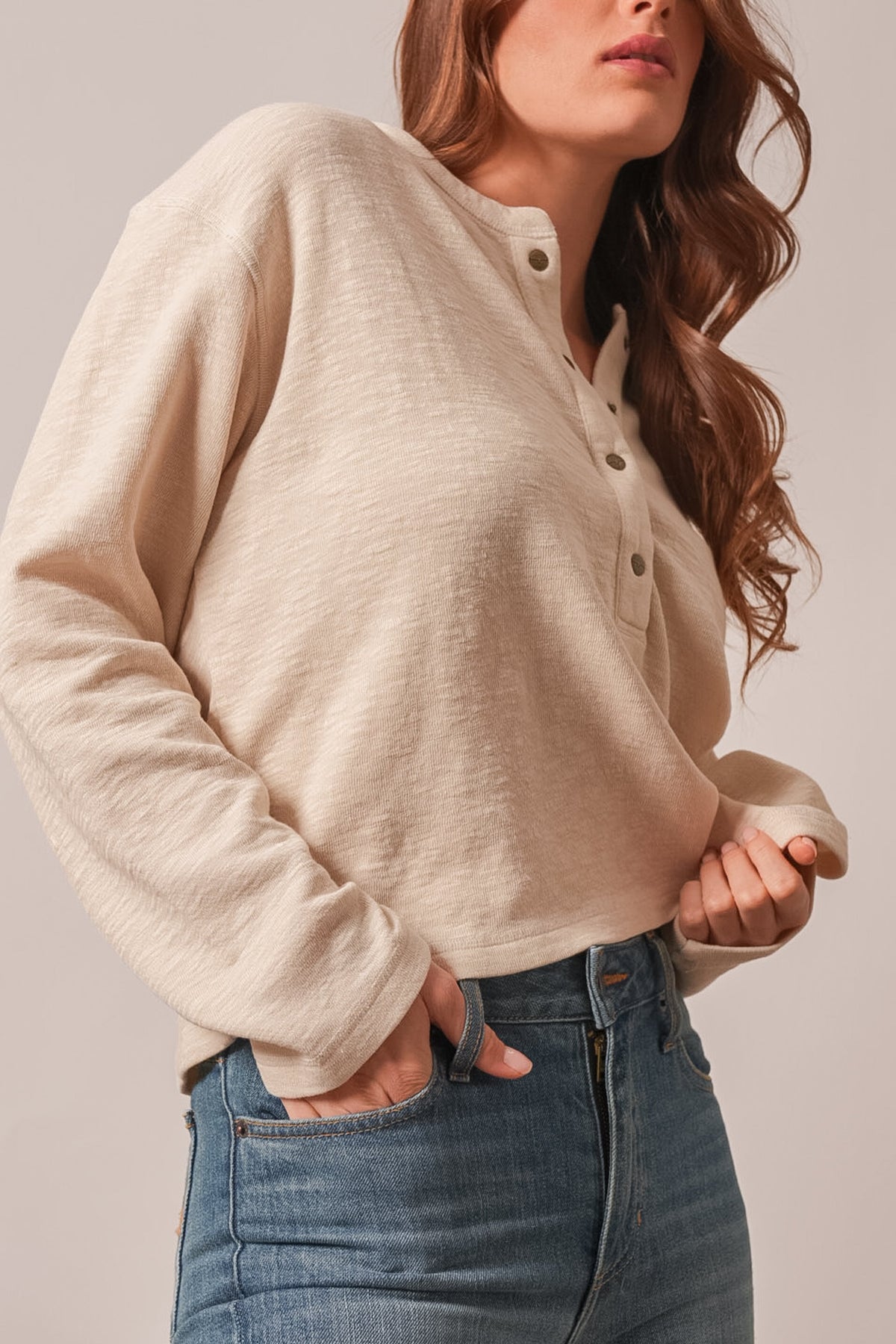Kimes Ranch Sidney Natural long sleeve henley top with snap placket, side pocket and ribbed cuffs