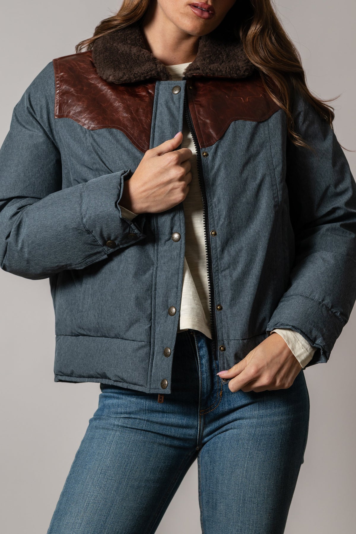 Kimes Ranch Sierra jacket in Black with a brown leather yoke and collar