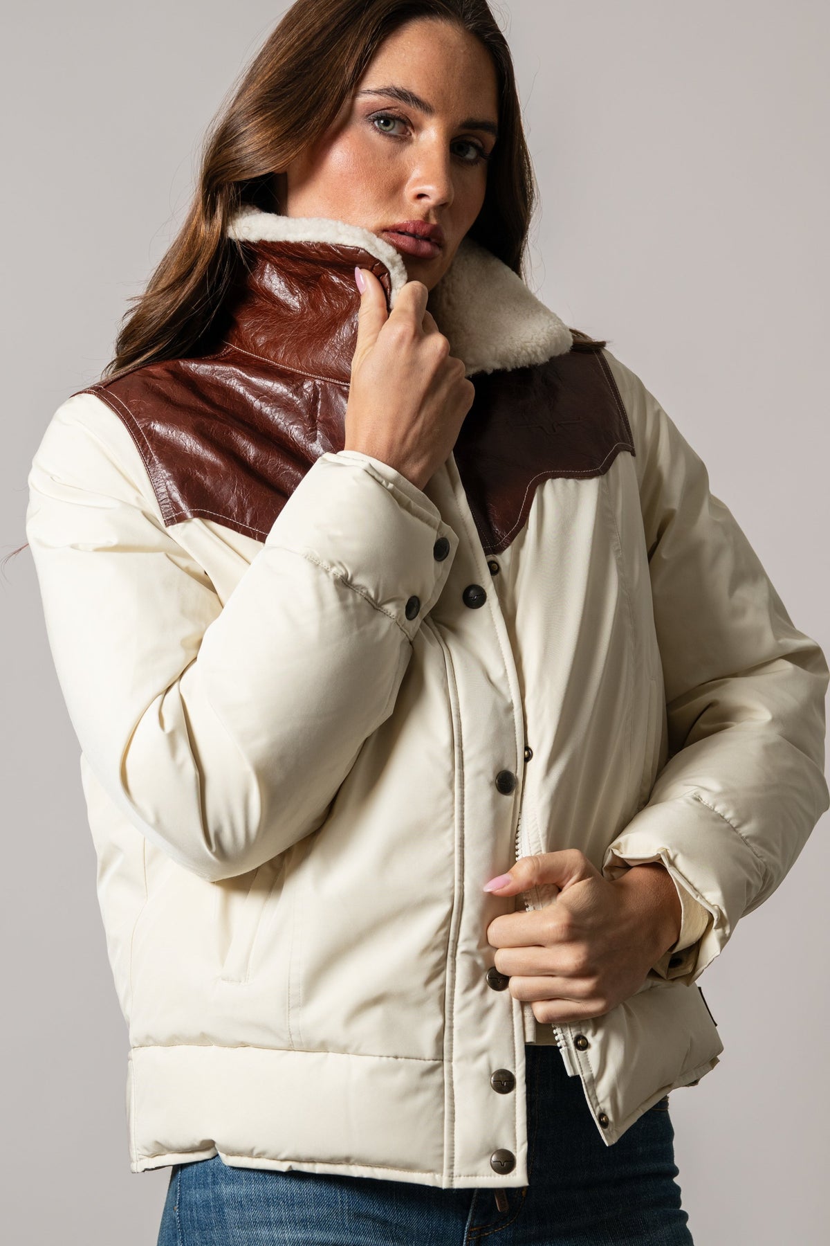 Kimes Ranch Sierra jacket, Natural, quilted puffer with brown leather yoke and shearling collar