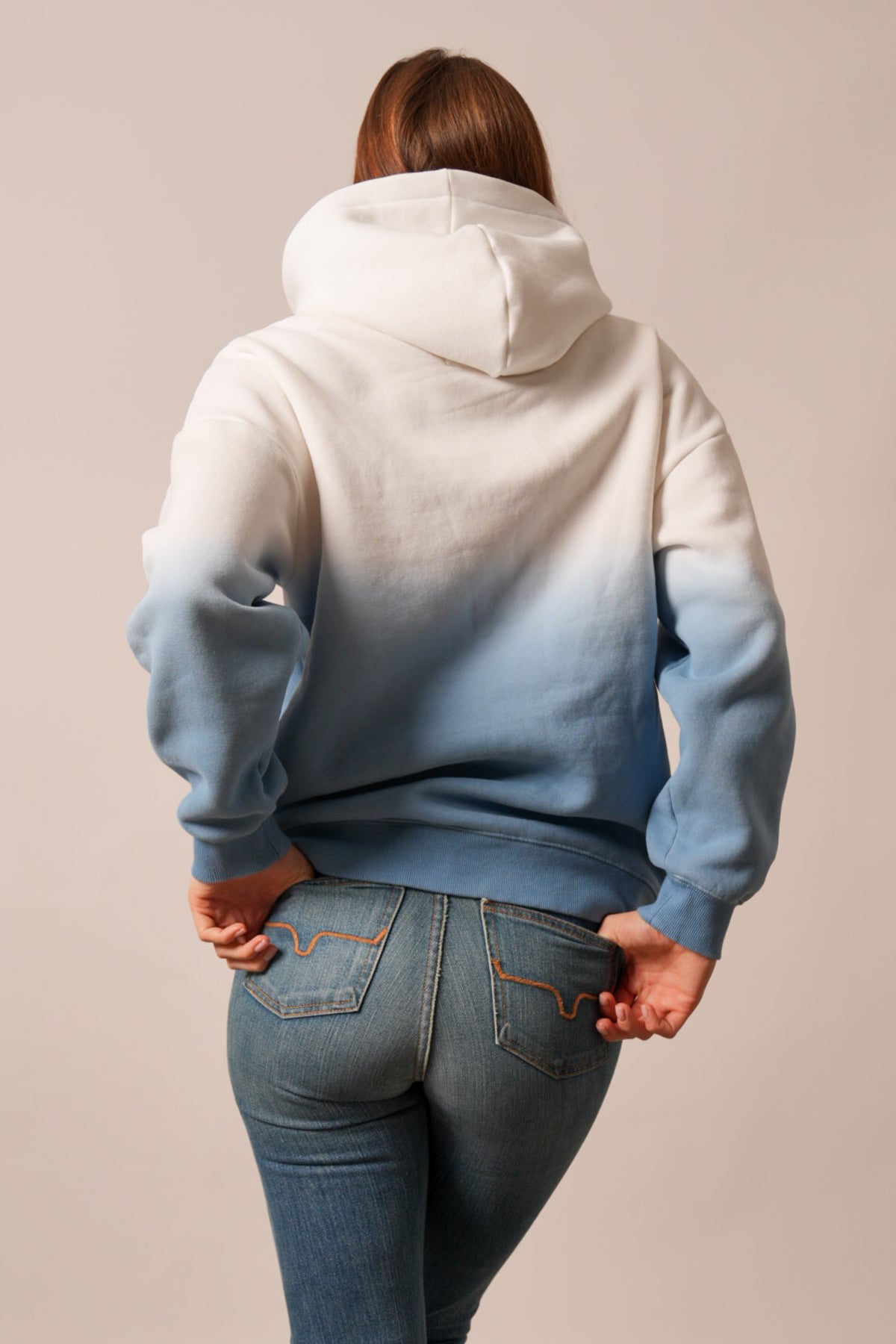 Kimes Ranch Sloane hoodie, chalk, long sleeves, hood, back view, gradient blue to white, relaxed fit