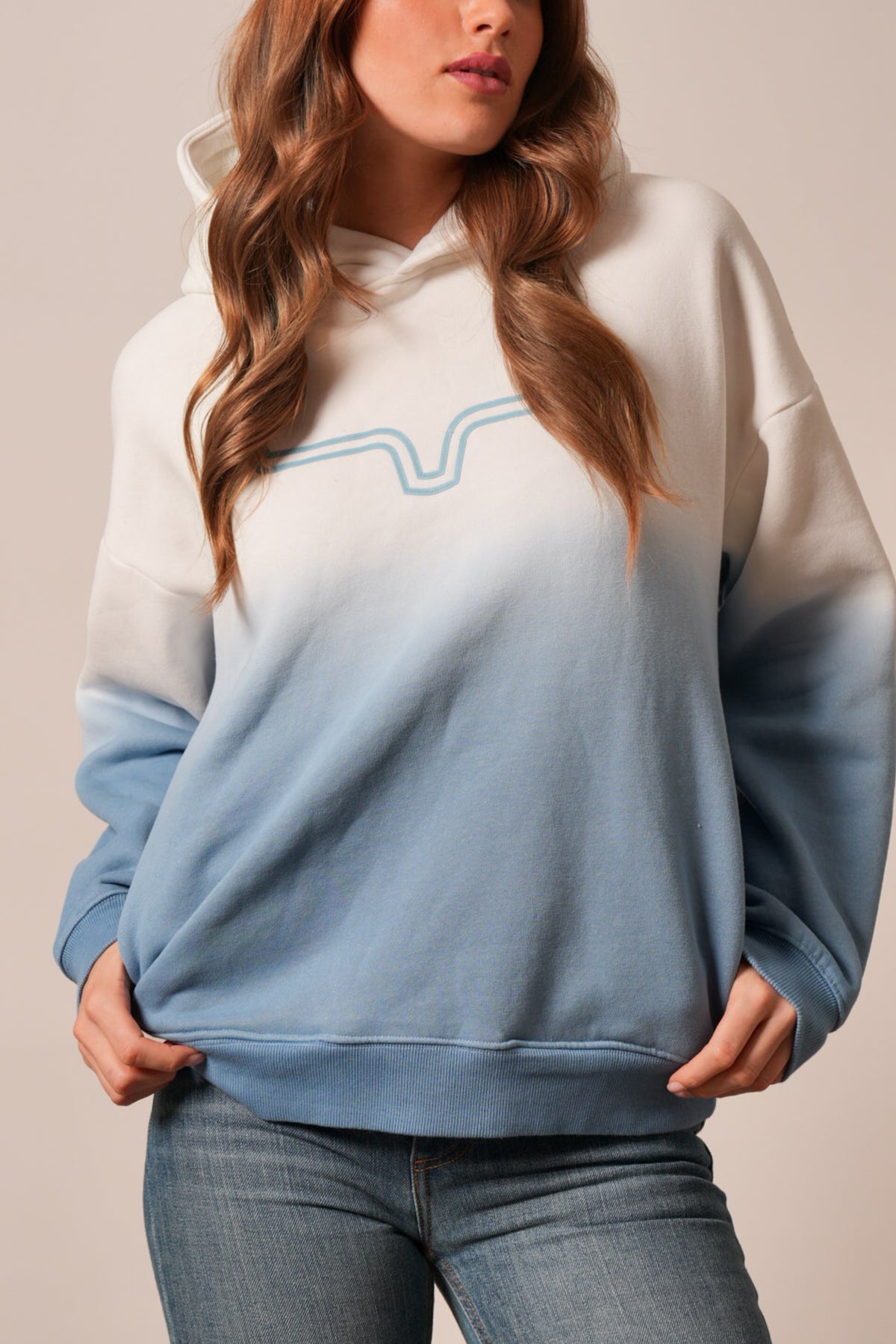 Kimes Ranch Sloane Chalk ombre hoodie with blue swoosh graphic, long sleeves, and front pockets