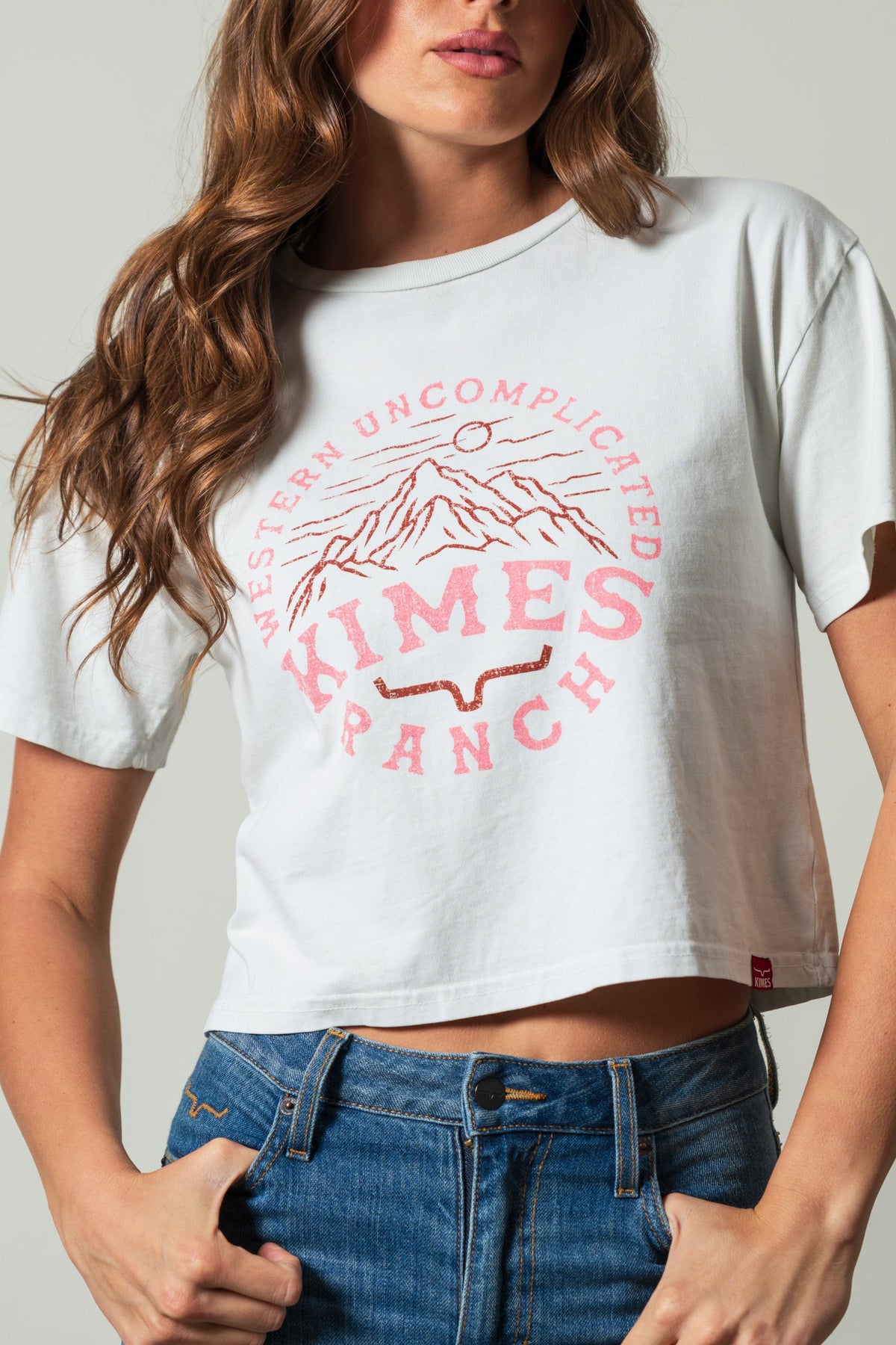 Kimes Ranch The Pass natural crewneck shirt with Western Uncomplicated Kimes Ranch mountain graphic; #color_natural