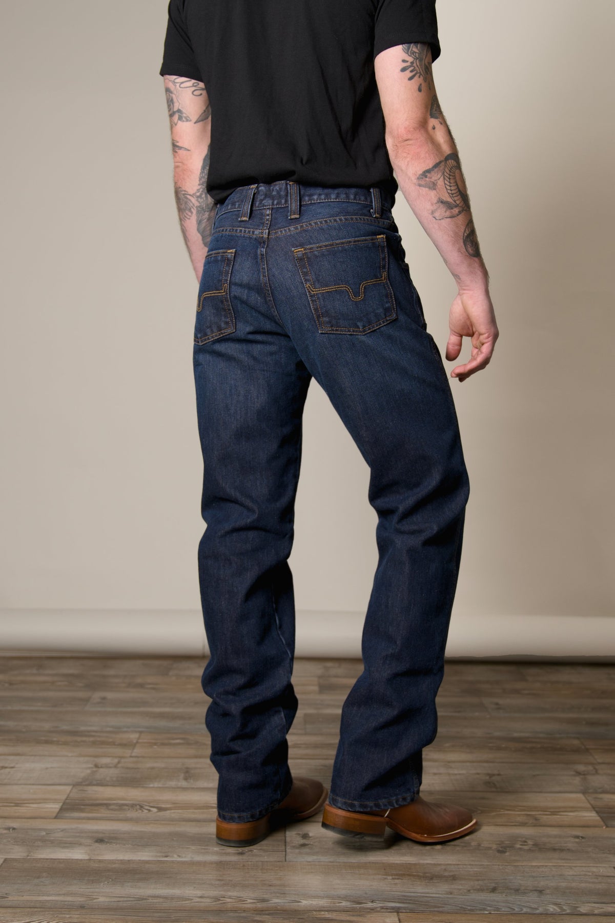 Men's relaxed fit dark wash bootcut jean; #color_dark wash