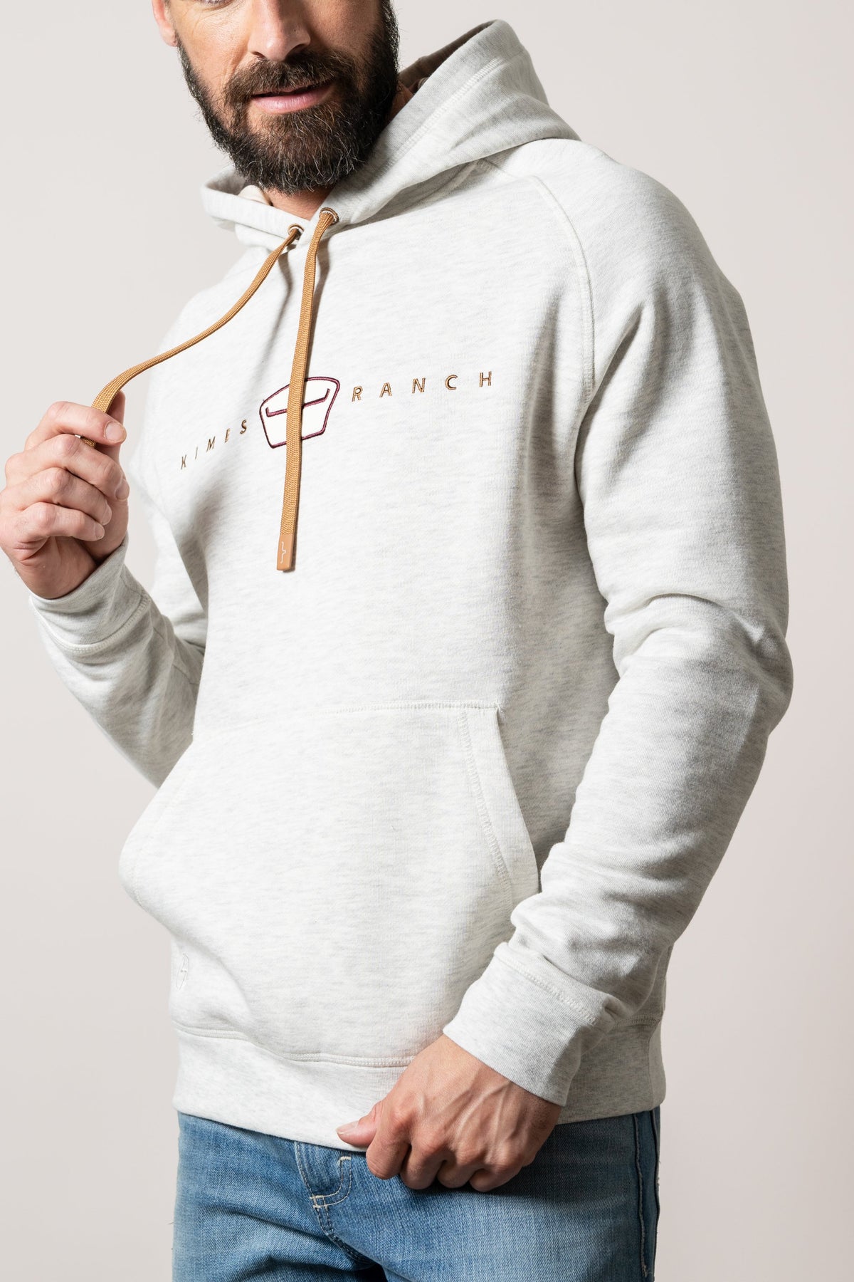 Kimes Ranch ZT Back Then hoodie in Oatmeal Heather with kangaroo pocket and embroidered Kimes Ranch logo on chest