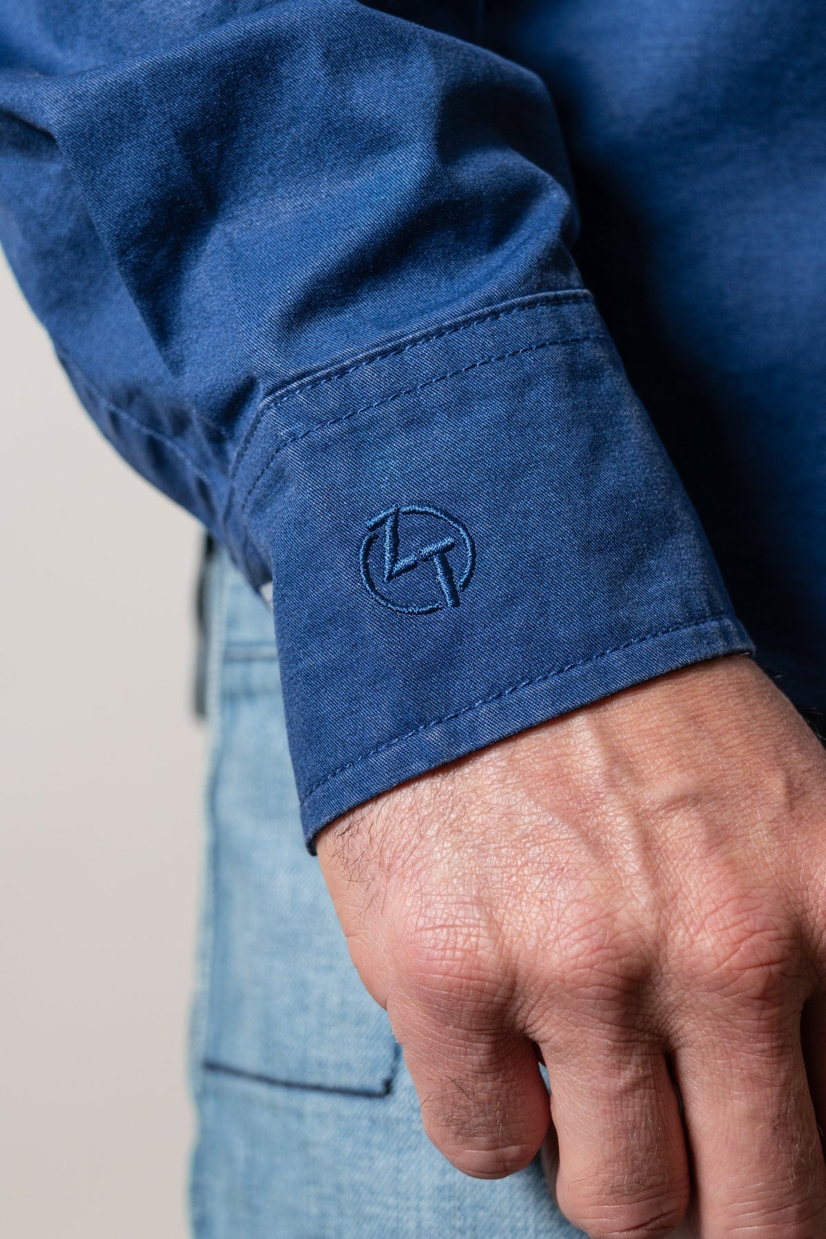Kimes Ranch ZT Caliber dress shirt dark blue featuring embroidered ZT logo on the cuff