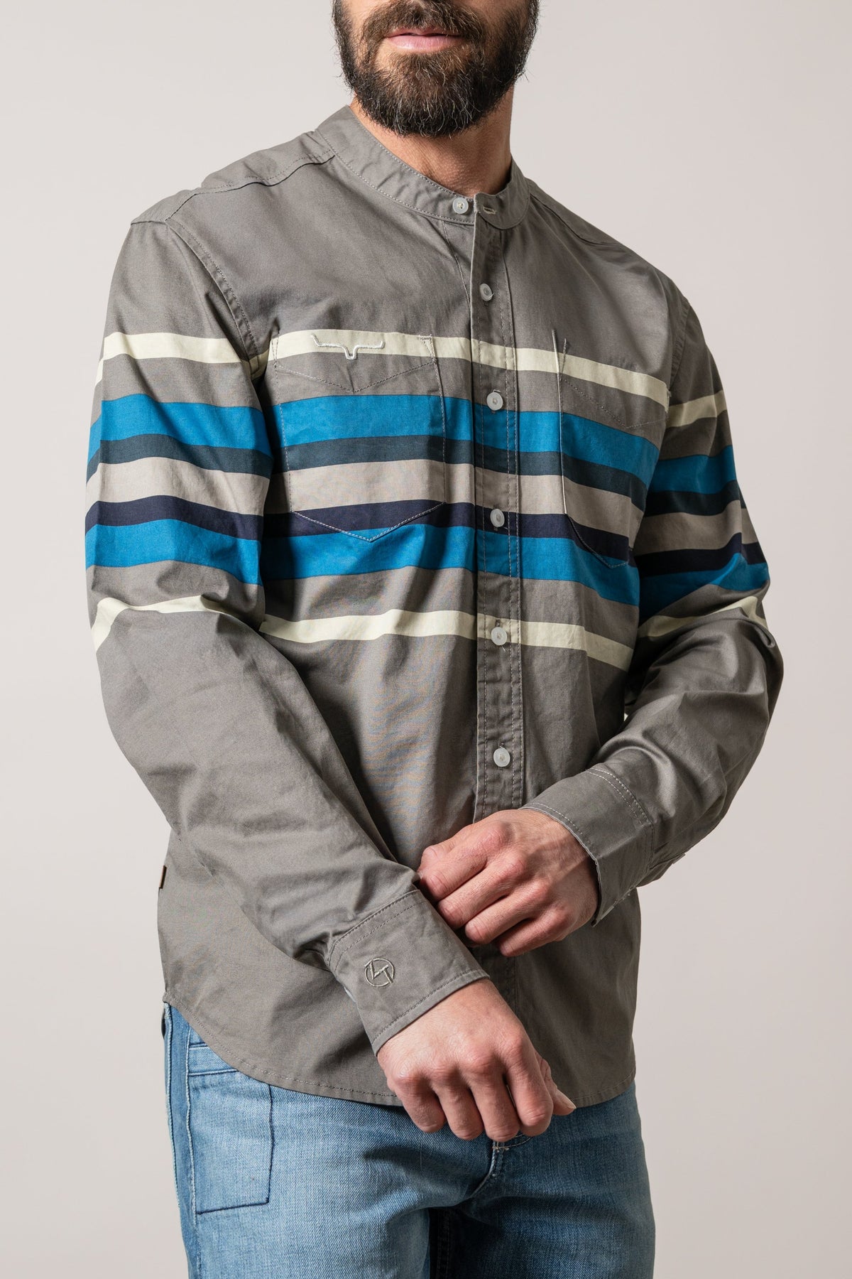 Kimes Ranch ZT Caliber men's dress shirt in Natural with blue and cream striped yoke, pockets, and long sleeves