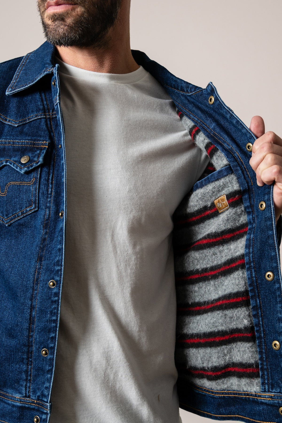 Kimes Ranch ZT El Ranchero jacket in indigo with grey, black and red striped lining and chest pockets