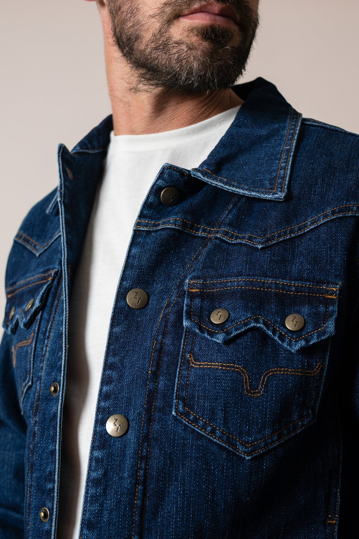 Kimes Ranch ZT El Ranchero indigo jacket featuring two chest pockets and Kimes Ranch logo buttons