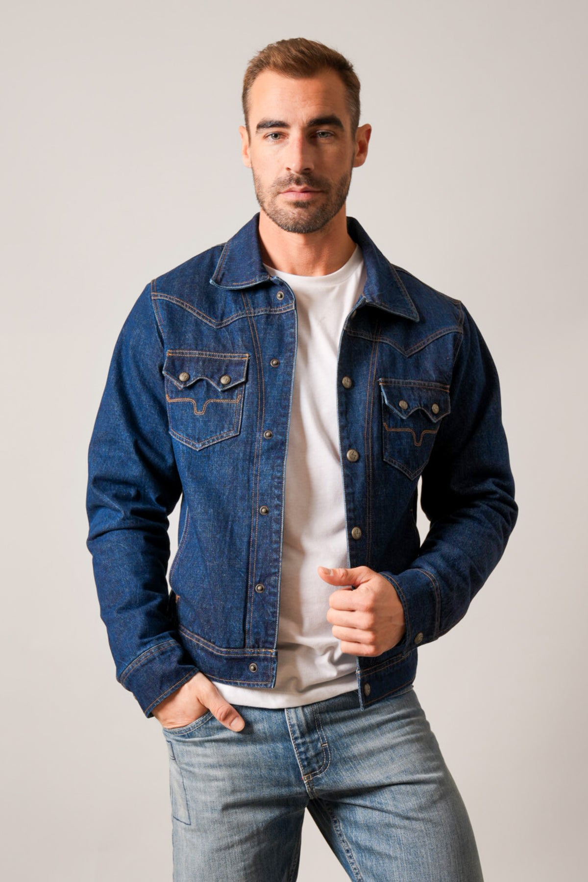 Kimes Ranch ZT El Ranchero indigo jacket featuring two chest pockets and Kimes Ranch logo buttons