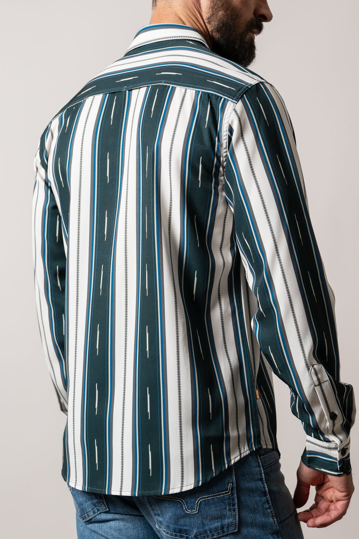 Kimes Ranch ZT Hickory dress shirt back view, featuring Forest colourway with vertical stripes, yoke, long sleeves