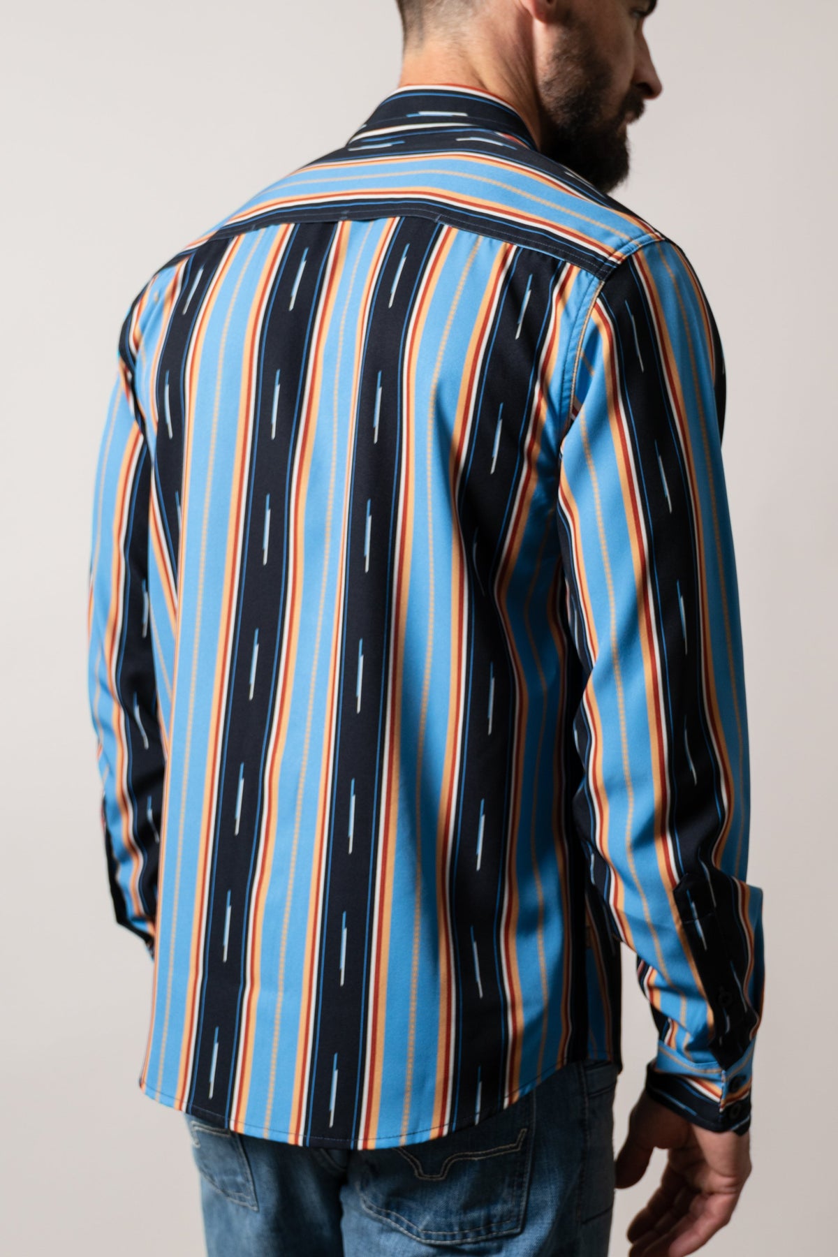 Kimes Ranch ZT Hickory dress shirt in Mid Blue, back view, vertical stripes, contrasting yoke, long sleeves