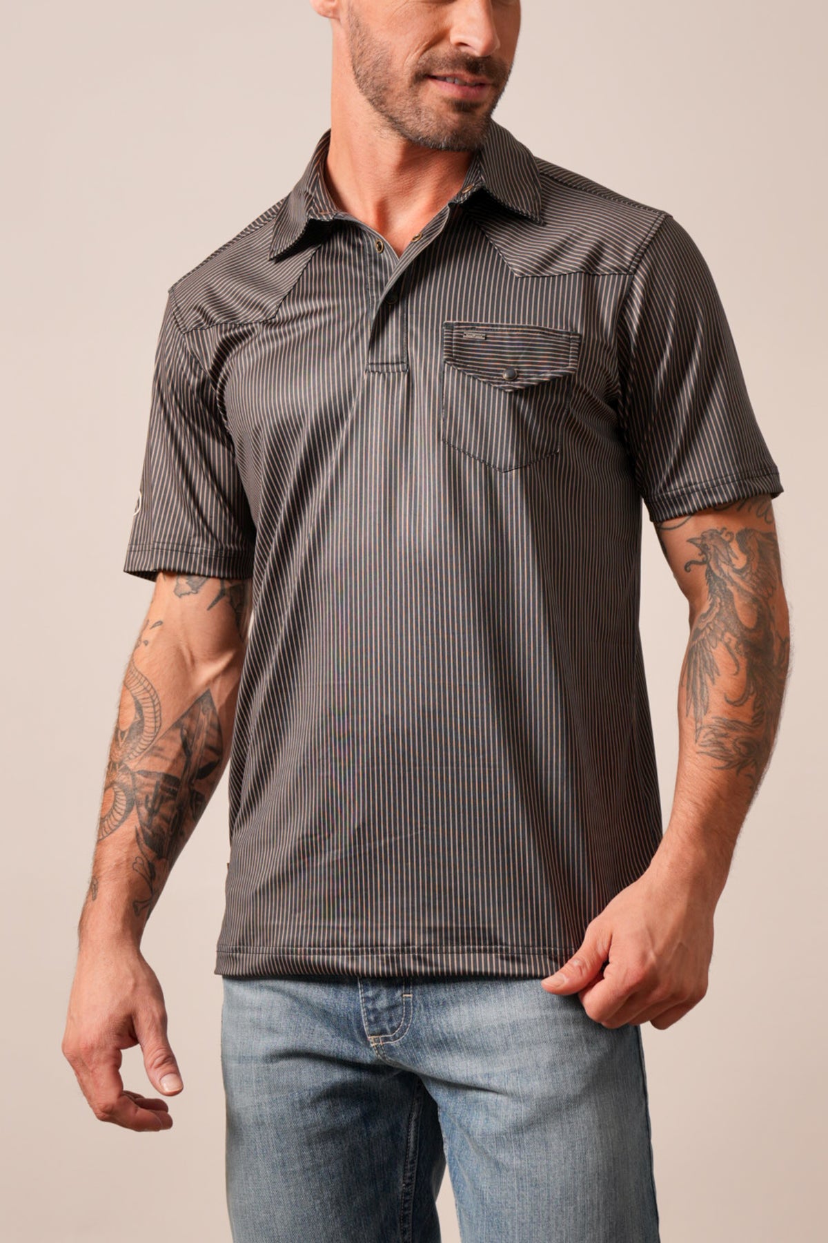 Kimes Ranch ZT Loomis black striped polo with chest pocket