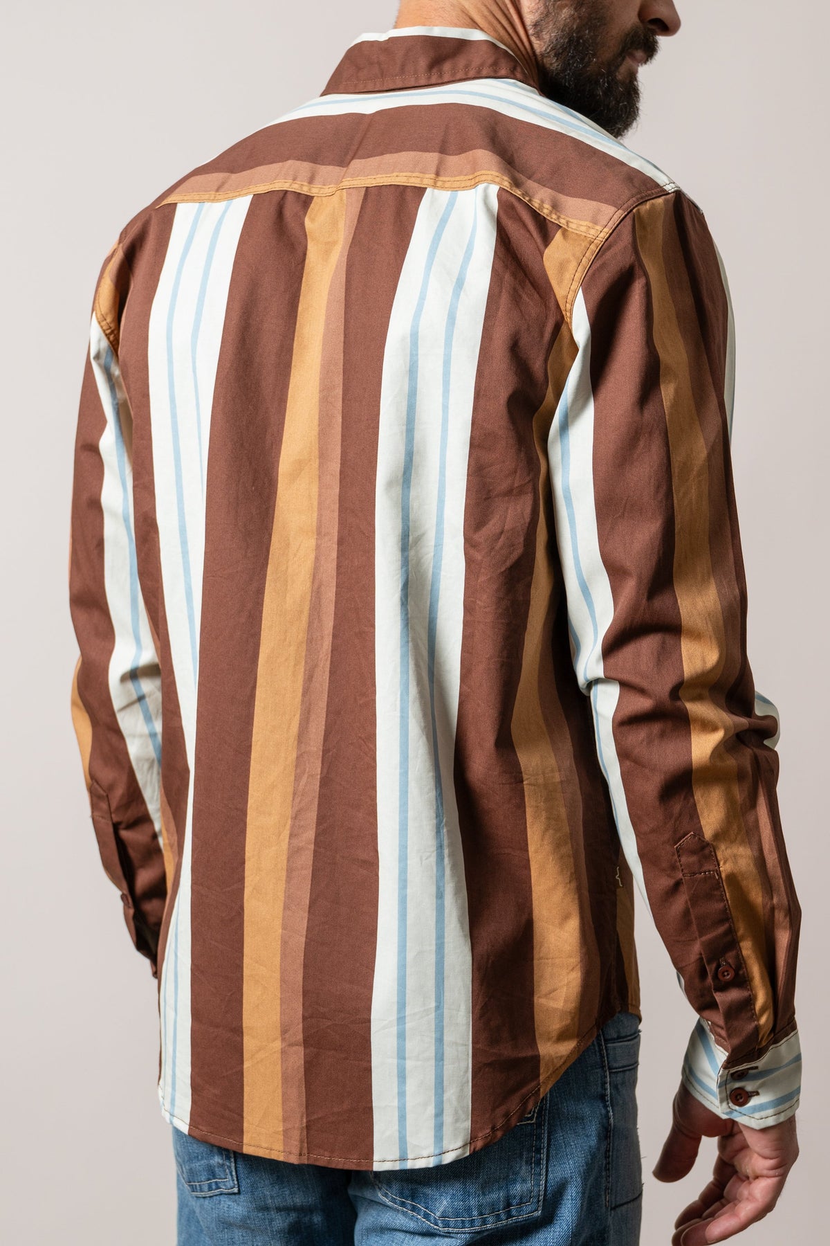 Kimes Ranch ZT Noxx dress shirt in dark brown, back view, showing vertical stripes and yoke detail