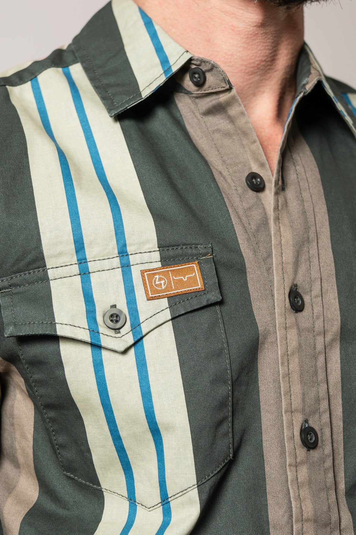 Kimes Ranch ZT Noxx forest long-sleeve dress shirt, featuring green, tan